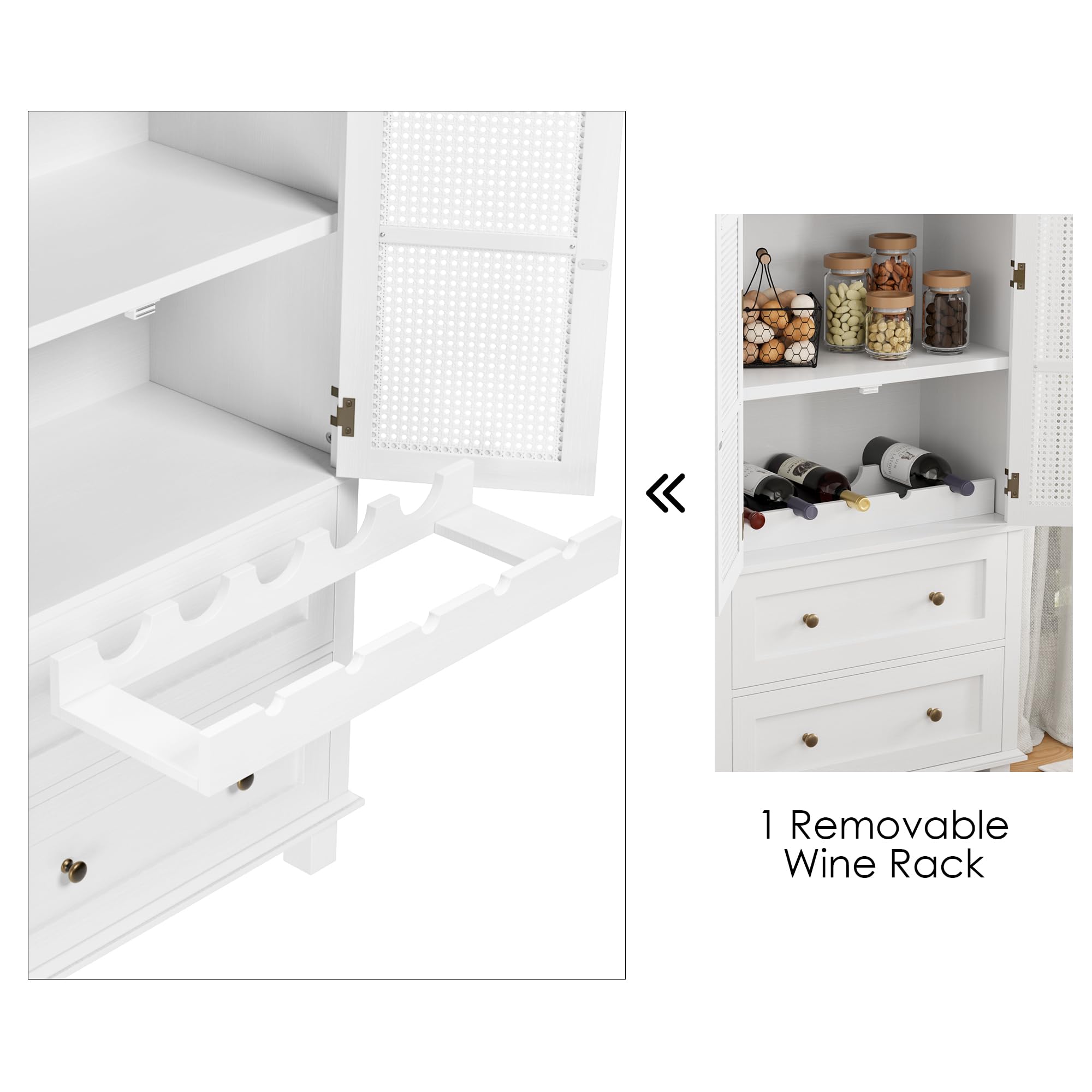 FOTOSOK White Kitchen Pantry Storage Cabinet with Rattan Doors, 2 Drawers & Adjustable Shelf - Perfect for Kitchen, Dining Room, and Home Organization