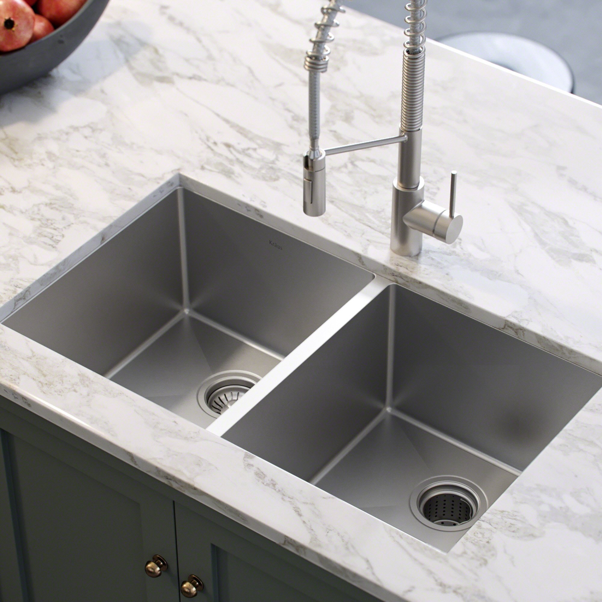 KRAUS Standard PRO™ 33-inch 16 Gauge Undermount Double Bowl Stainless Steel Kitchen Sink with WasteGuard™ Garbage Disposal - Perfect for Modern Kitchens, Dishwashing & Food Prep (Model KHU102-33-100-75MB)