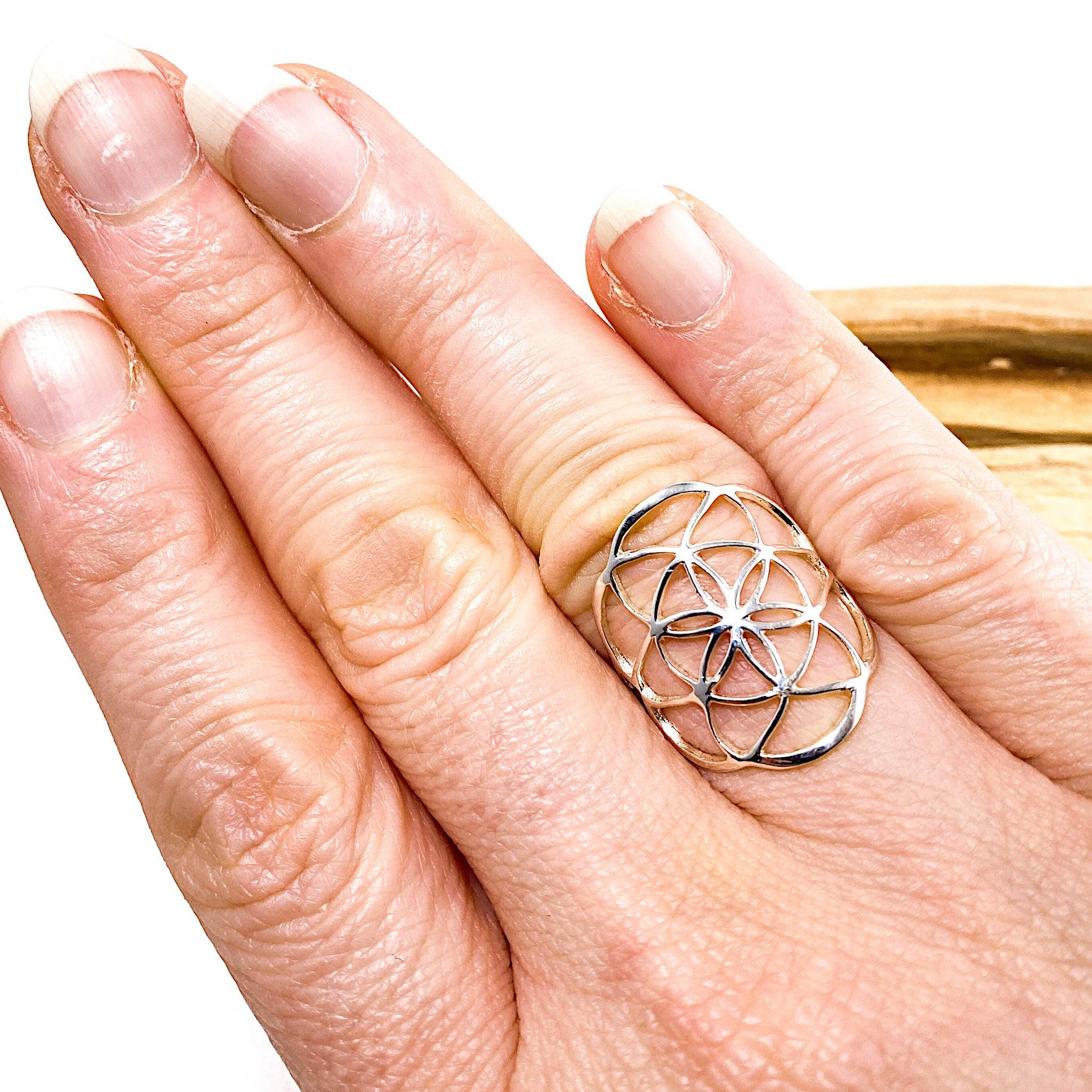 Sacred Geometry Seed of Life Sterling Silver Ring RG342 - Spiritual Jewelry for Meditation, Yoga & Energy Healing