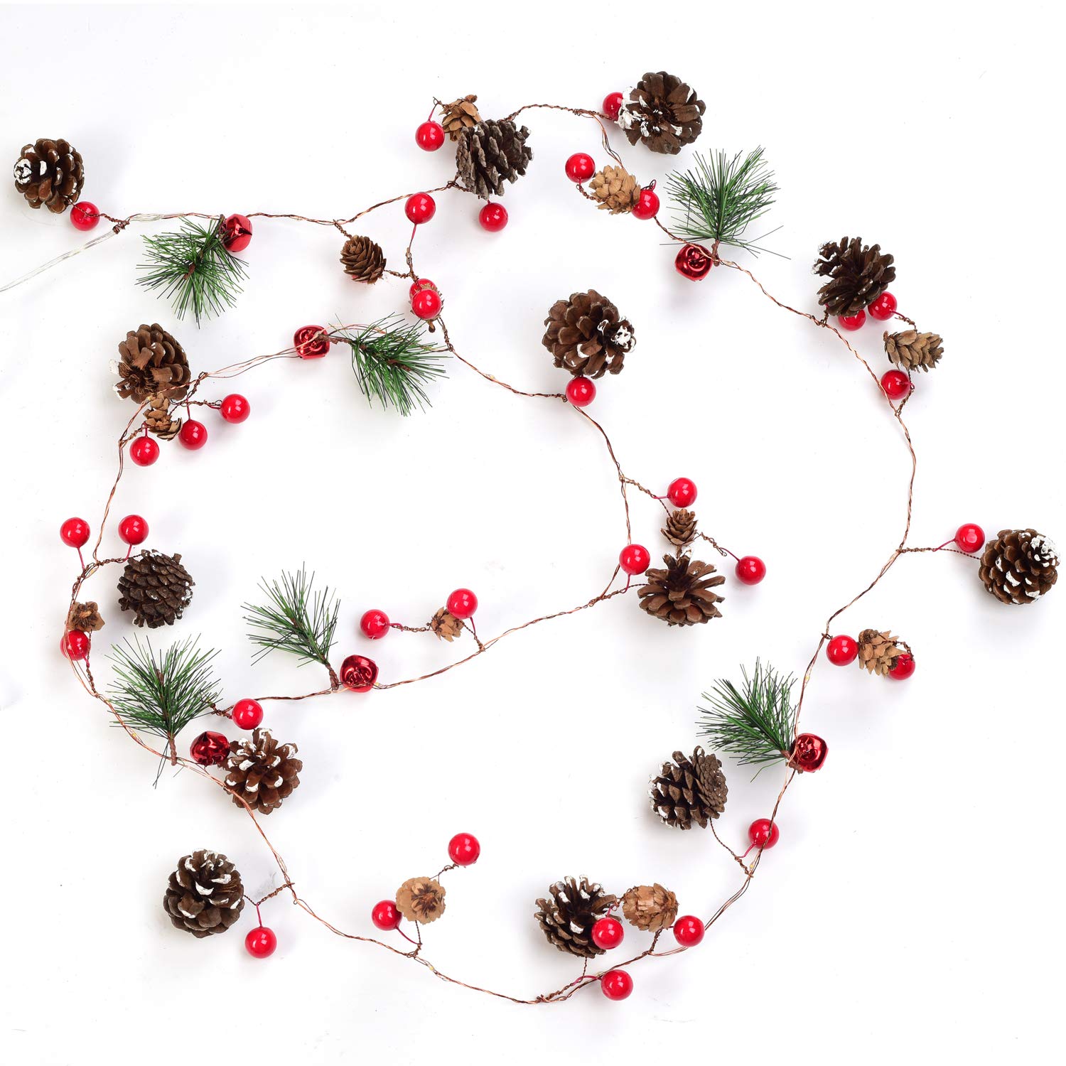 6.7FT Christmas Garland with 20 LED Lights - Battery Operated Red Berry Pine Cone Garland String Lights for Fireplace, Mantel, Staircase - Festive Holiday Home Decorations for Christmas Tree, Windows and Indoor Decor