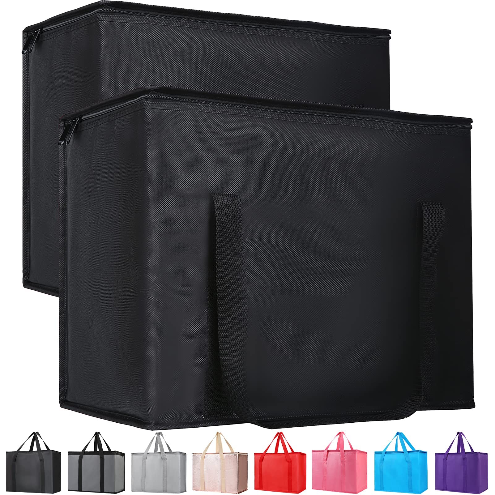 Bodaon 2-Pack Extra Large Insulated Reusable Grocery Bags with Zippered Top - Heavy Duty Freezer Bags for Frozen Foods, Picnics, Beach Trips & Cold Storage Shopping Accessories (Black)