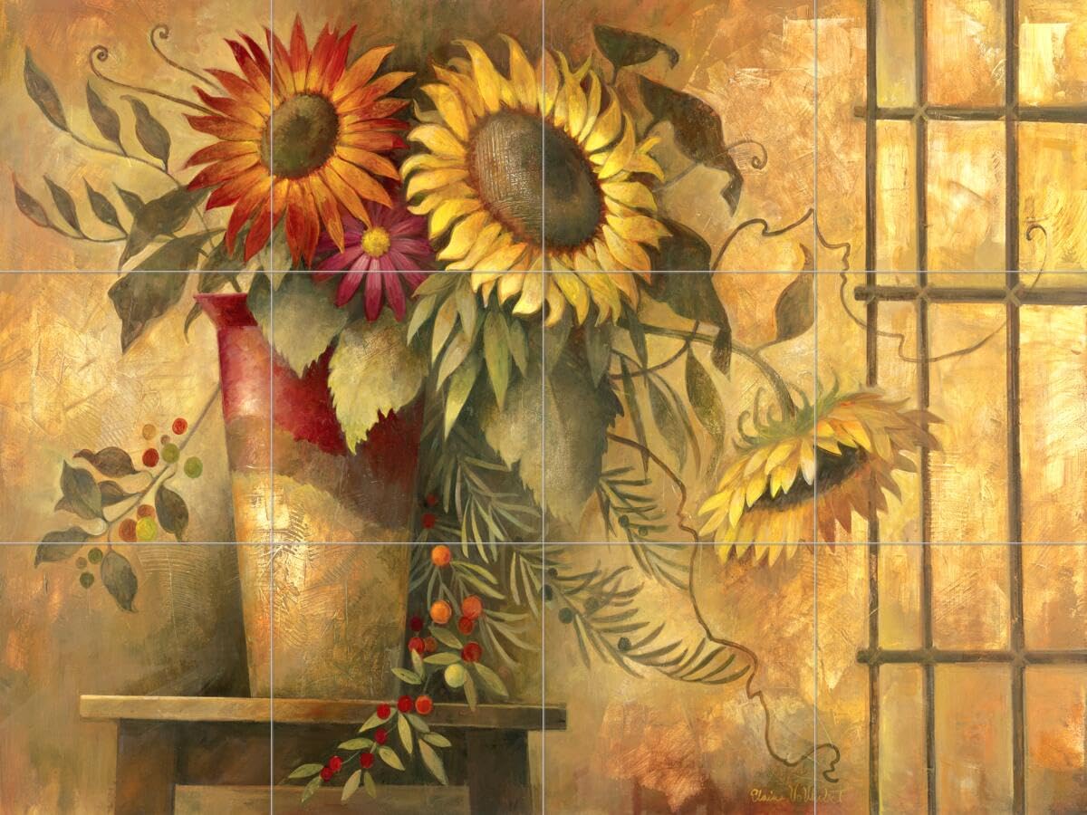 Country Sunflowers II Ceramic Backsplash Tile Mural - Floral Flower Kitchen & Bathroom Wall Decor - Handmade by Elaine Vollherbst-Lane - Perfect for Farmhouse, Cottage & Vintage Style Homes