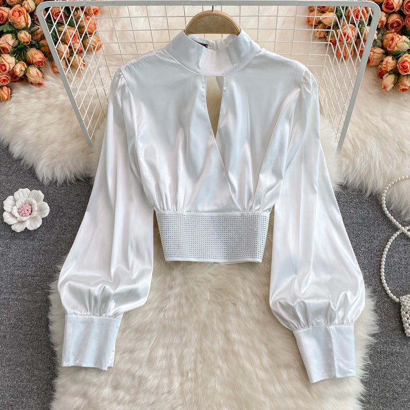 Autumn New Stand Collar Short Sleeve Satin Shirt for Women - Elegant Blouse Top 361 - Perfect for Office Wear, Casual Outfits & Fall Fashion