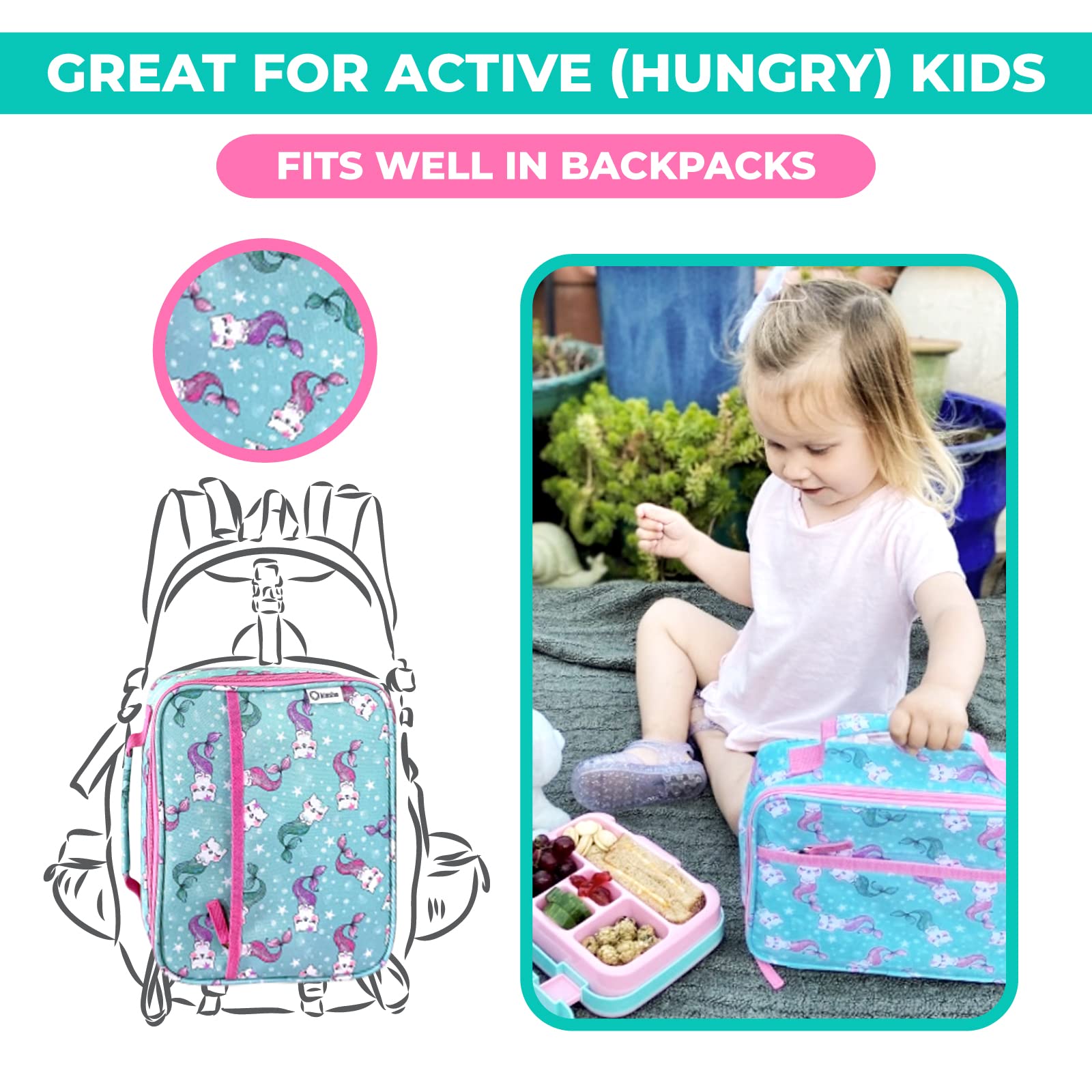 Insulated Lunch Box with Ice Pack for Girls & Kids - Leak-Proof Thermal Food Container for Daycare, Preschool & Kindergarten - Cute Mermaid Cat Design in Aqua & Pink - Perfect for School, Picnics & Travel Snacks