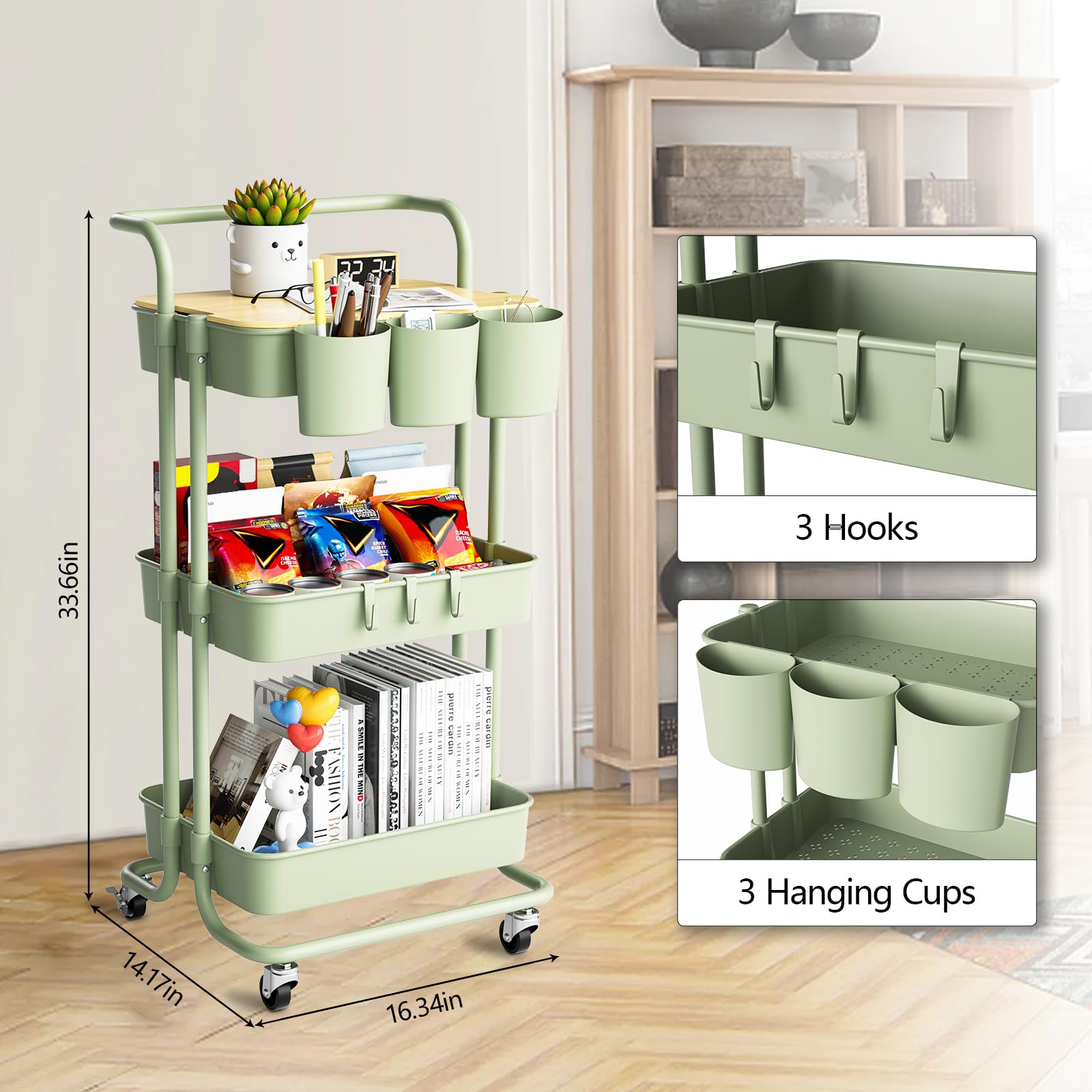 3 Tier Rolling Utility Cart with Lockable Wheels - Metal Handle, Table Top, Hanging Cups & Hooks - Plastic Storage Baskets for Bathroom, Classroom, Office, Kitchen & Pantry Organization - Perfect for Small Space Storage & Mobile Workstations (Green)
