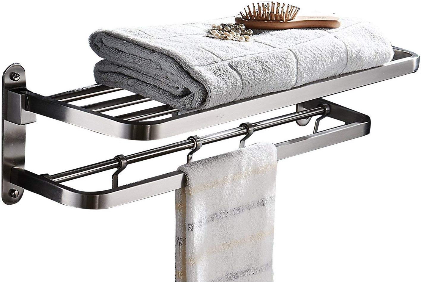 ELLO&ALLO Brushed Nickel Wall Mounted Foldable Towel Rack - Double Towel Bar with Hooks, Stainless Steel Bathroom Shelf Organizer - Perfect for Small Spaces, Apartments & Spa-Style Bathrooms