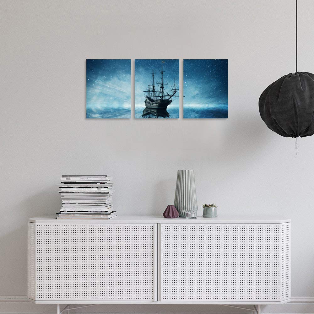TutuBeer 3 Panel Pirate Ship Wall Art - Starry Night Sky Sailboat Painting on Canvas, Framed Pirate Decor for Living Room, Bedroom & Home - Perfect for Nautical Theme Rooms, Beach Houses & Pirate Lover Gifts
