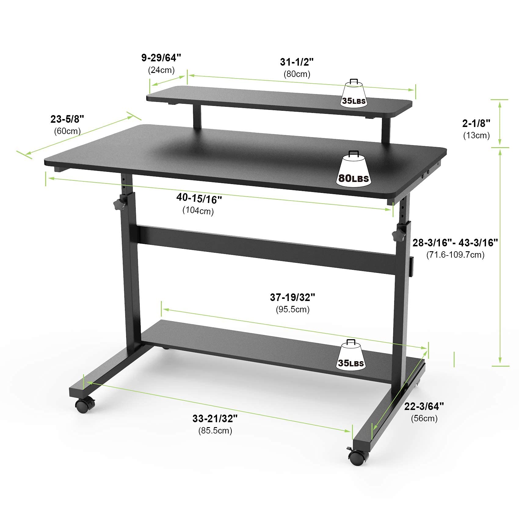 Eureka Ergonomic 41-Inch Adjustable Height Computer Desk with Hutch, CPU Stand & Lockable Wheels - Rolling Sit Stand Desk for Home Office - Black | Perfect for Small Spaces & Remote Work