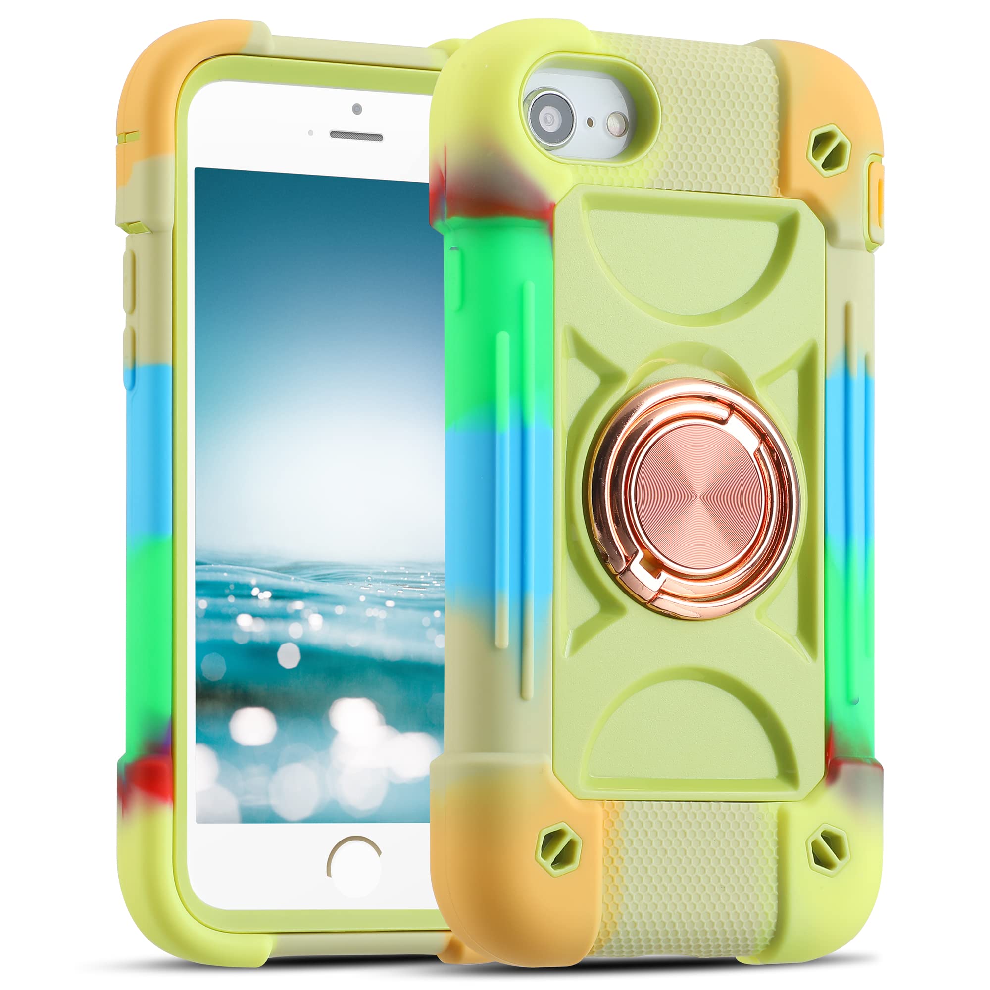 MARKILL Military Grade Shockproof iPhone SE 3/SE 2/6/6S/7/8 Case 4.7 Inch with Ring Stand - Heavy Duty Protection in Rainbow Green | Perfect for Outdoor Activities, Travel & Daily Use