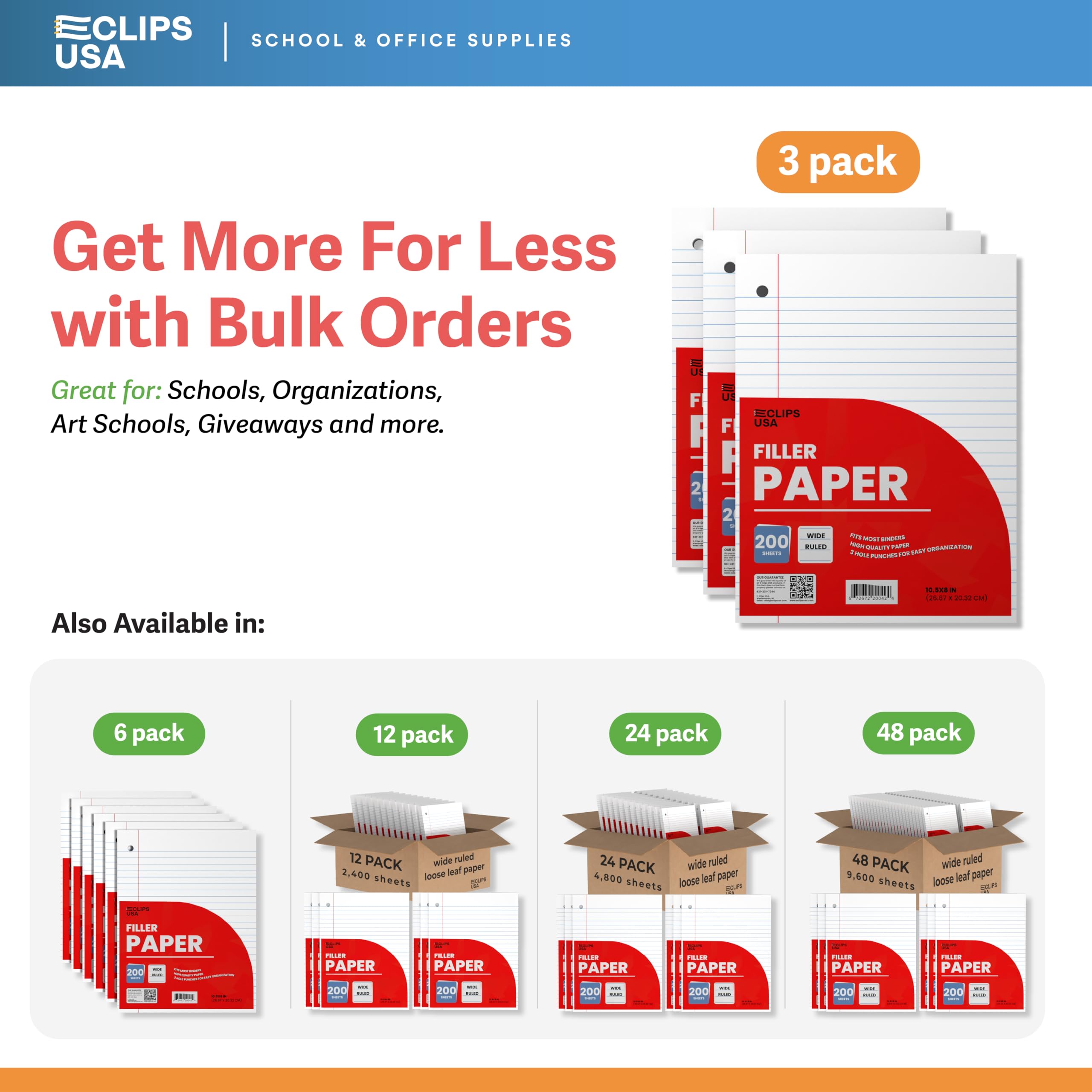 Wide Ruled Notebook Paper 3 Pack - 10.5
