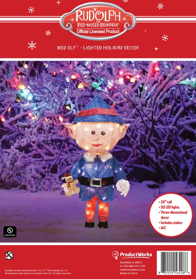 24-Inch Lighted Elf Boy Holiday Decor - Rudolph the Red-Nosed Reindeer Inspired Christmas Decoration for Indoor & Outdoor Festive Decor