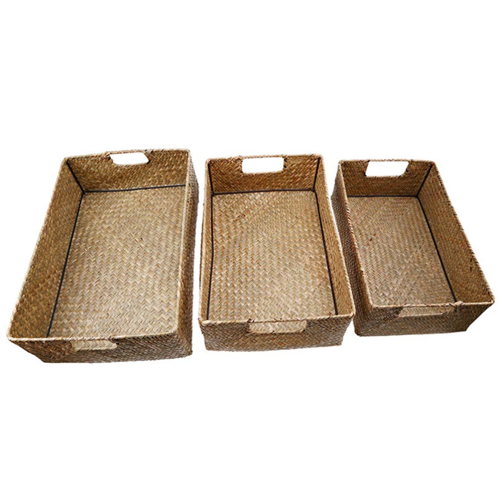 Amosfun Woven Seagrass Storage Basket with Lid - Large & Small Rectangular Organizer for Home, Bathroom, or Office - Handmade Retro Wicker Bin for Sundries, Toys, and Household Items