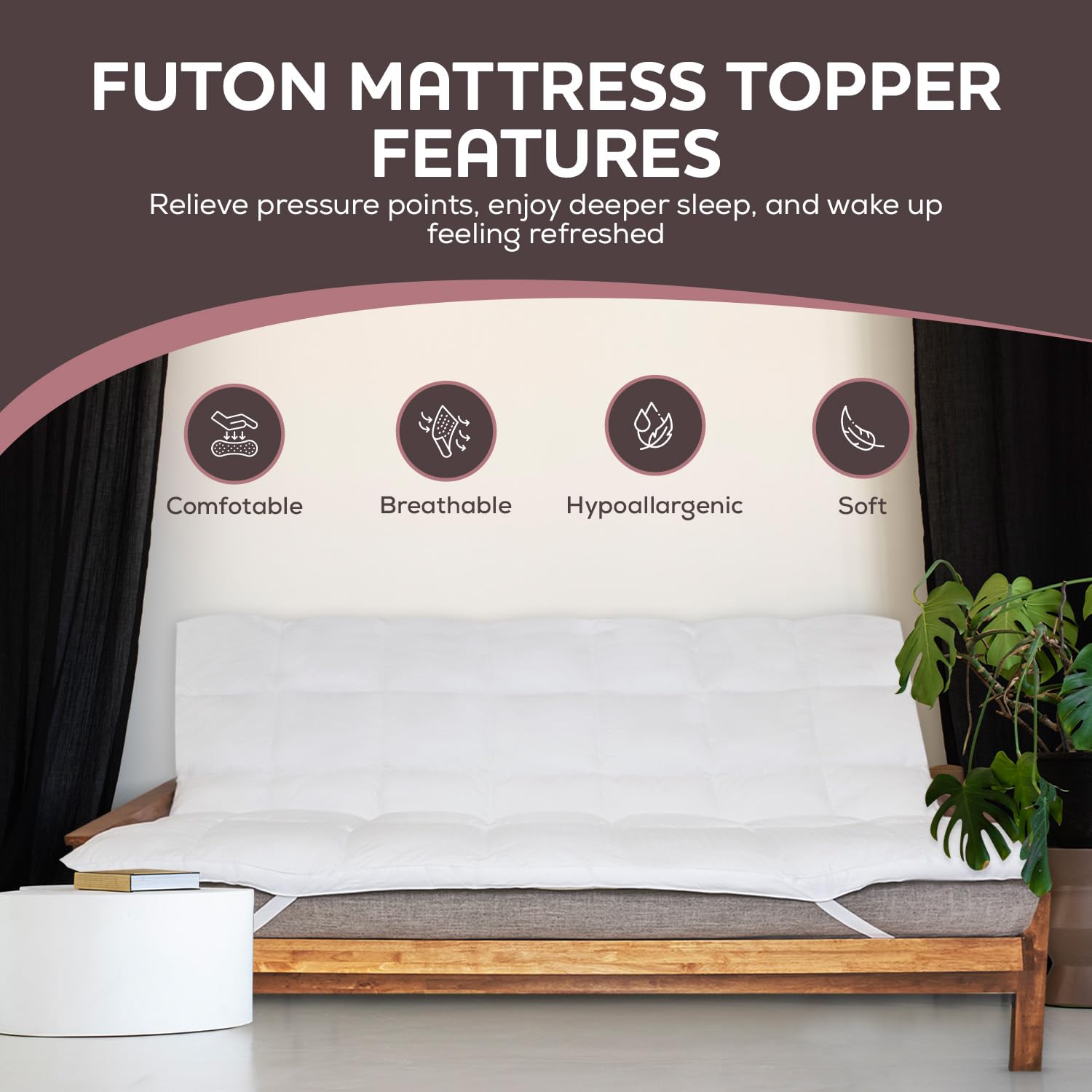 CirclesHome White Full Size Futon Mattress Topper with Anti-Slip Anchors - Plush Down Alternative Filling, Soft & Hypoallergenic Cover (54