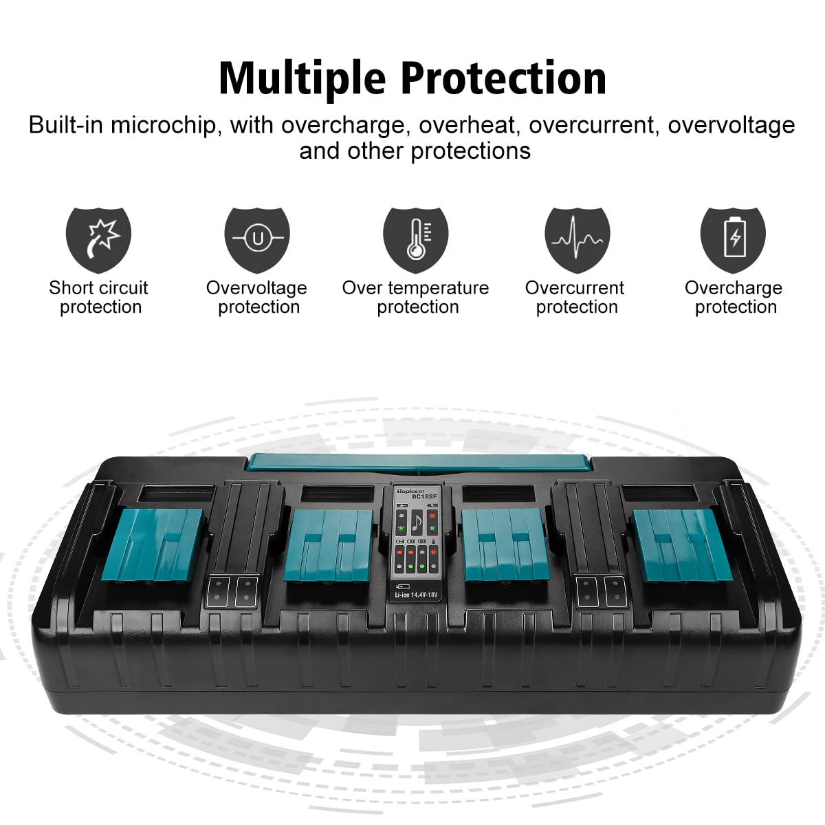 **4-Port 18V DC18SF Replacement Charger for Makita 14.4-18V Lithium Batteries (BL1830, BL1840, BL1850, BL1860, BL1815, BL1430) - Compatible with DC18SF, DC18RC, DC18RD, DC18RA - Fast Charging for Power Tools, Drills & Outdoor Equipment**