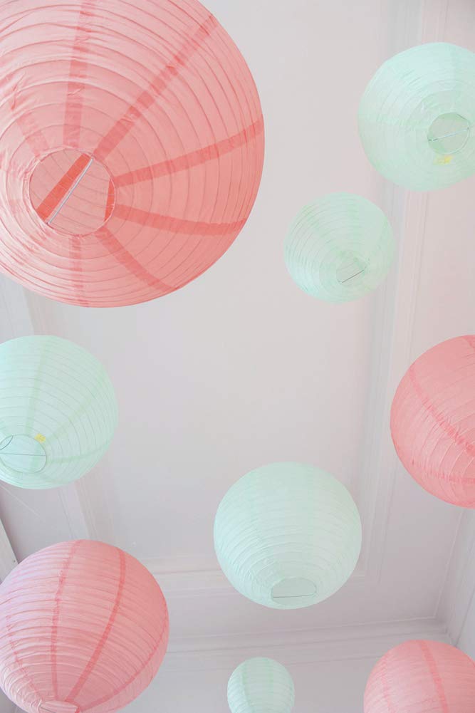 8inch Coral & Mint Green Paper Lanterns - 10Pcs for Birthday, Baby Shower, Bridal Shower, Wedding, Christening & Nursery Decor - Perfect for Party Room Decorations & Indoor Events