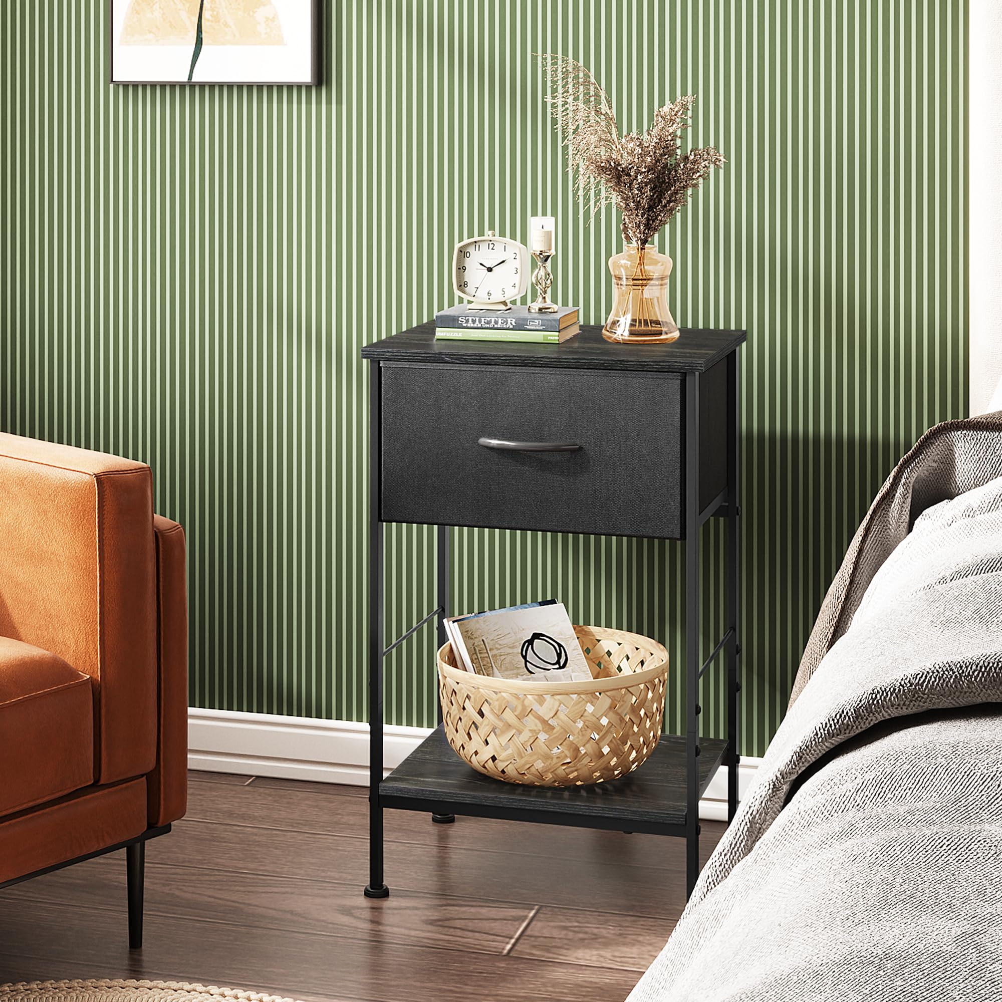 WLIVE Black Nightstand with Fabric Storage Drawer & Open Wood Shelf - Modern Bedside Table for Bedroom, Dorm, Entryway - 25.03
