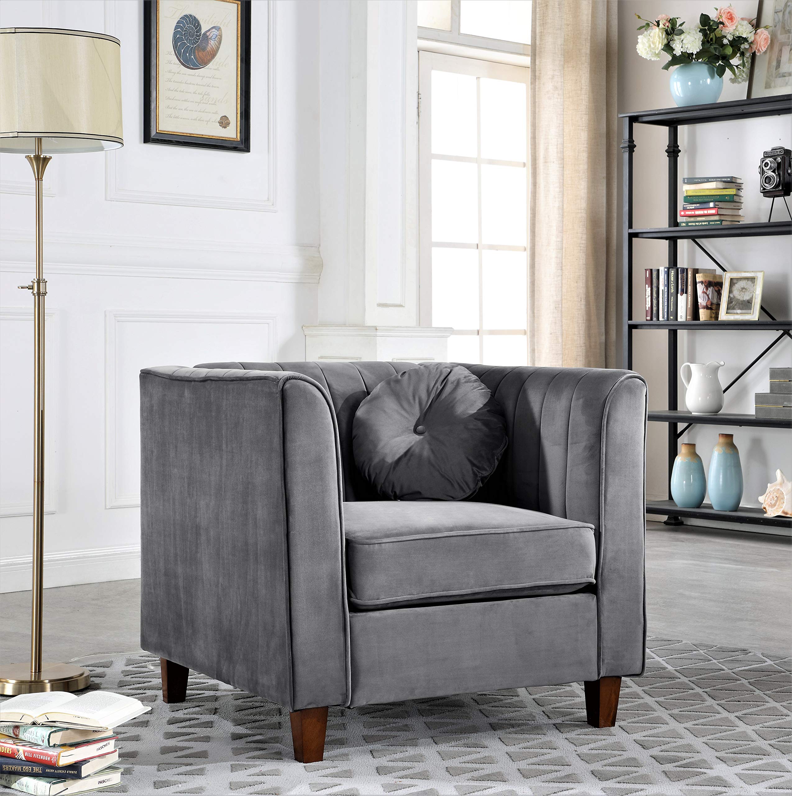 Arvilla Velvet Chair with Bolster Pillows - Soft Upholstered Mid Century Modern Accent Armchair, Chesterfield-Inspired Living Room Furniture in Silver Grey - Perfect for Home Office, Lounge, Reading Nook & Cozy Spaces