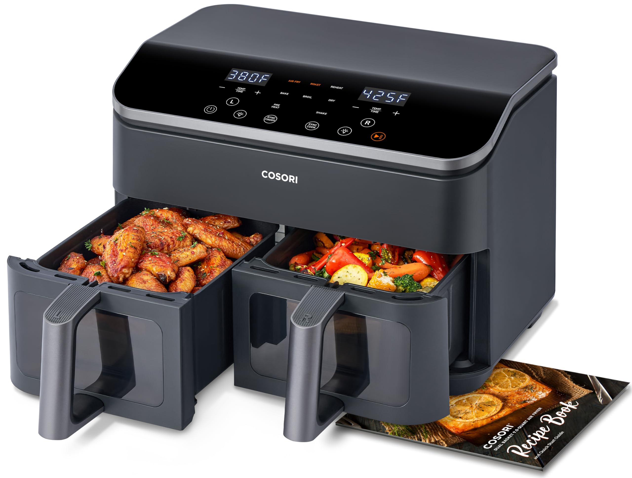 COSORI 9Qt 10-in-1 Dual Air Fryer with Double Baskets - Sync Cook Technology for Baking, Roasting, Reheating & Broiling | 130 Included Recipes | Perfect for Family Meals & Kids | Dishwasher Safe | Ideal for Quick Weeknight Dinners & Healthy Meal Prep