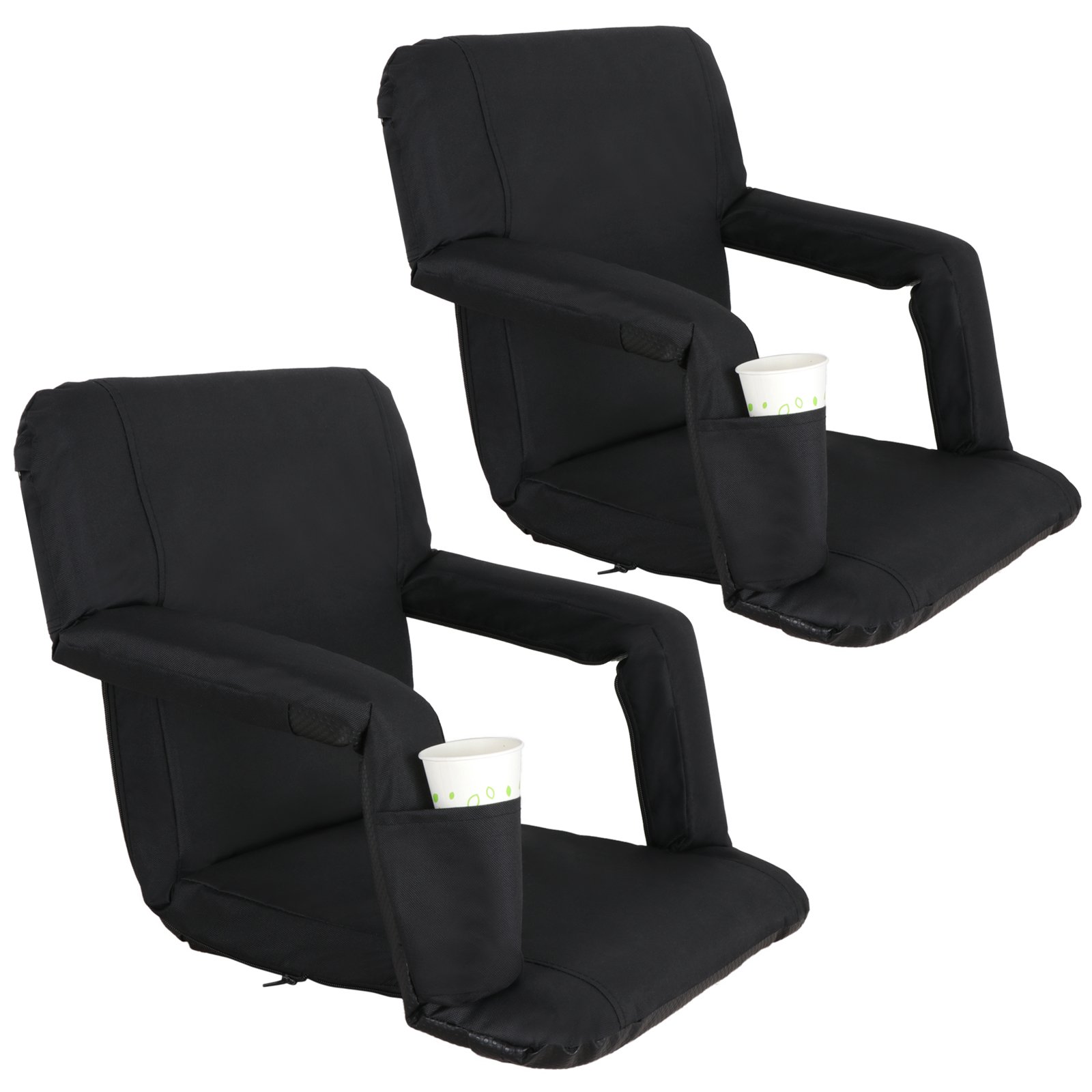 Smartxchoices Set of 2 Black Stadium Seats - Portable Padded Bleacher Chairs with Cushion, Back Support & Armrests - Water Resistant 5-Position Reclining for Outdoor Sports, Concerts & Indoor Events - Includes Backpack Straps for Easy Transport (2-Pack Black) - Perfect for Football Games, Baseball Matches, Picnics & Camping Trips