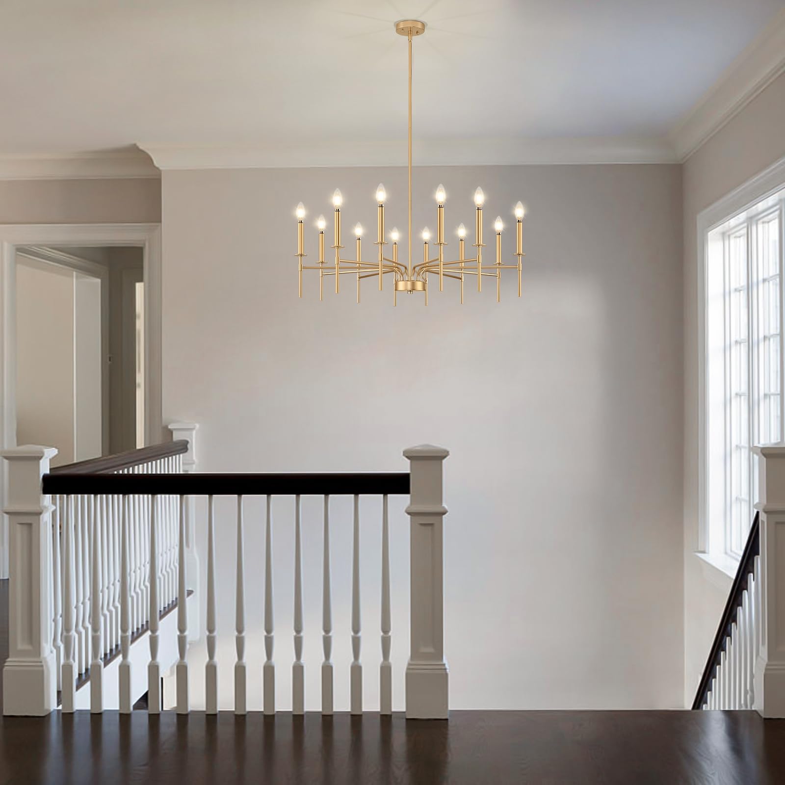 12-Light Gold Chandelier - Modern Farmhouse Dining Room Lighting Fixture with Metal Candle Pendant - Perfect for Foyer, Entryway, Stairs, Living Room, Bedroom & Kitchen Decor | Elegant Ceiling Light for Home & Wedding Venue Decoration