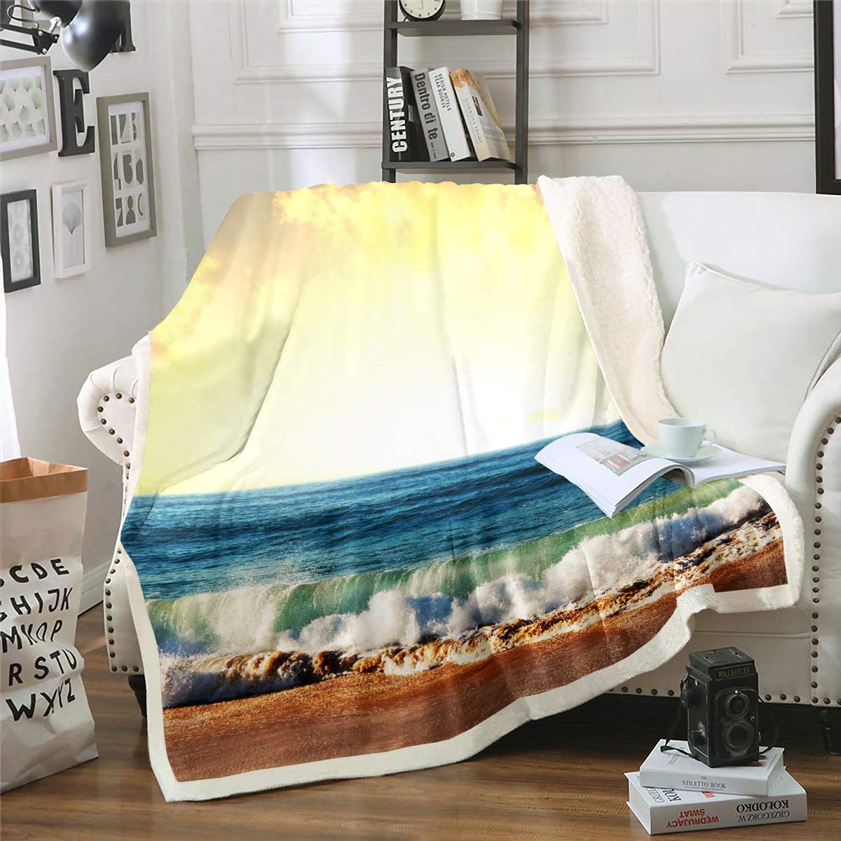 Erosebridal Ocean Beach Fuzzy Blanket - Soft Sea Wave Throw Blanket with Sunset & Tropical Hawaiian Design, Breathable Plush Blanket for Baby & Home Decor | Perfect for Beach Picnics, Living Room Coziness & Nursery Decor
