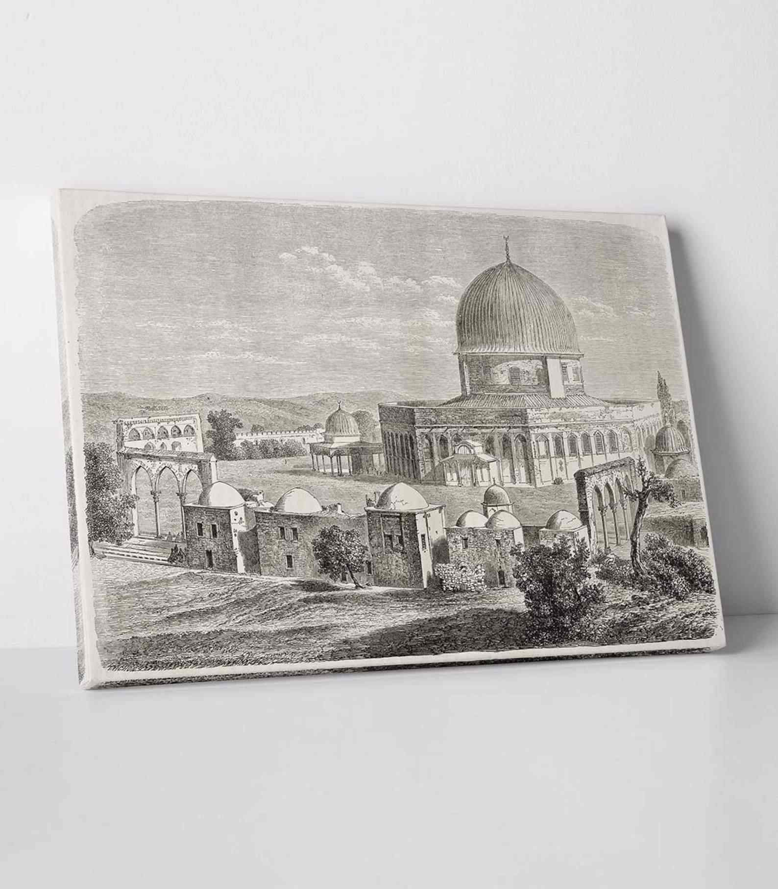 Islamic Canvas Wall Art - Masjid Al Aqsa Historical Sketch with Dome of the Rock | Premium Muslim Home Decor for Living Room, Mosque & Office