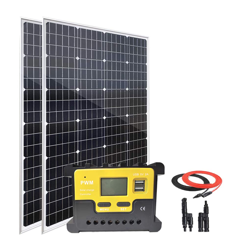 Giosolar 100W 12V Monocrystalline Solar Panel Kit for RV Off-Grid System - Includes LCD Charge Controller, Connectors & Cables for 12V/24V Battery Charging (200W Kit) - Perfect for Camping, Boating & Emergency Power Backup