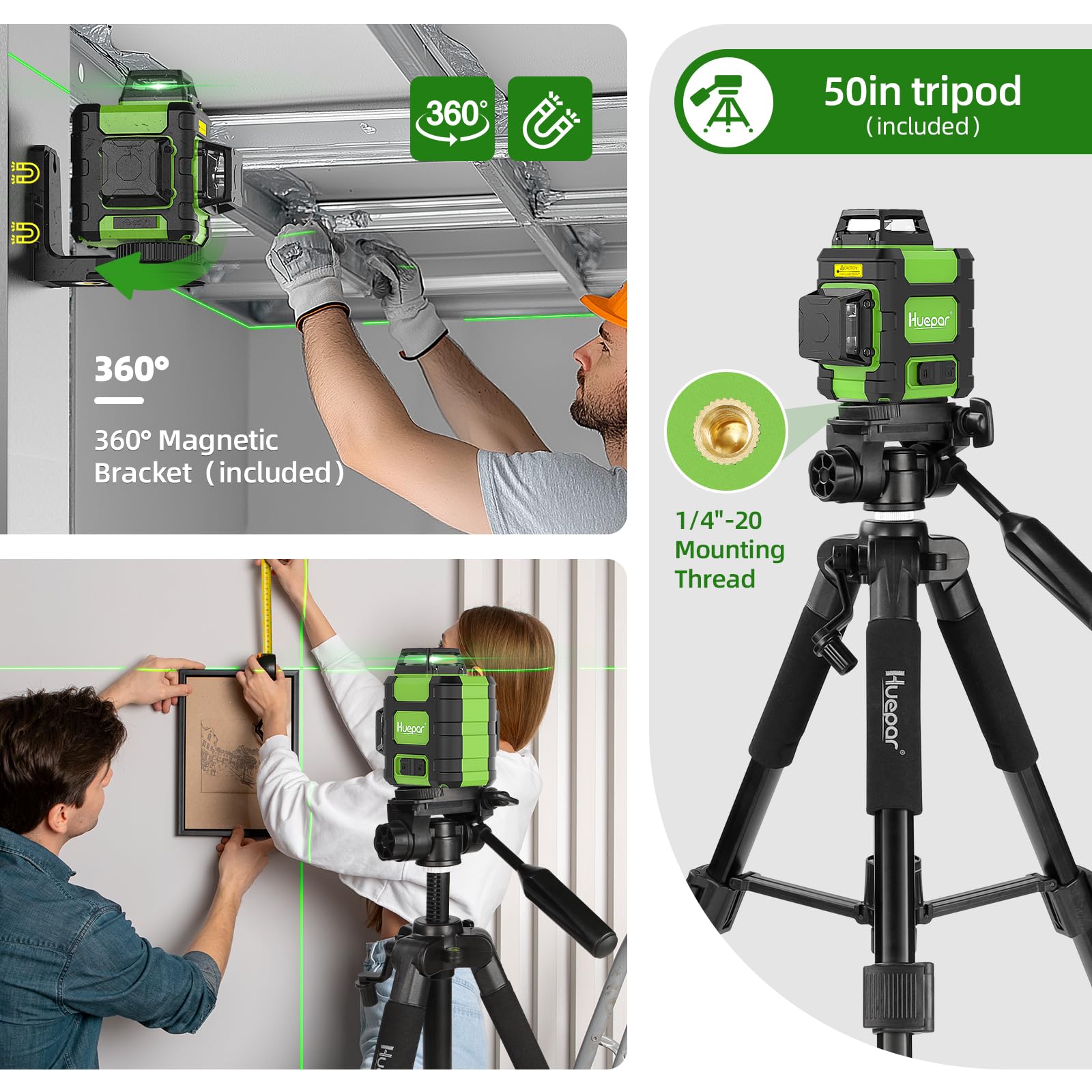 Huepar 360° Self-Leveling Laser Level with Rechargeable Battery & 50