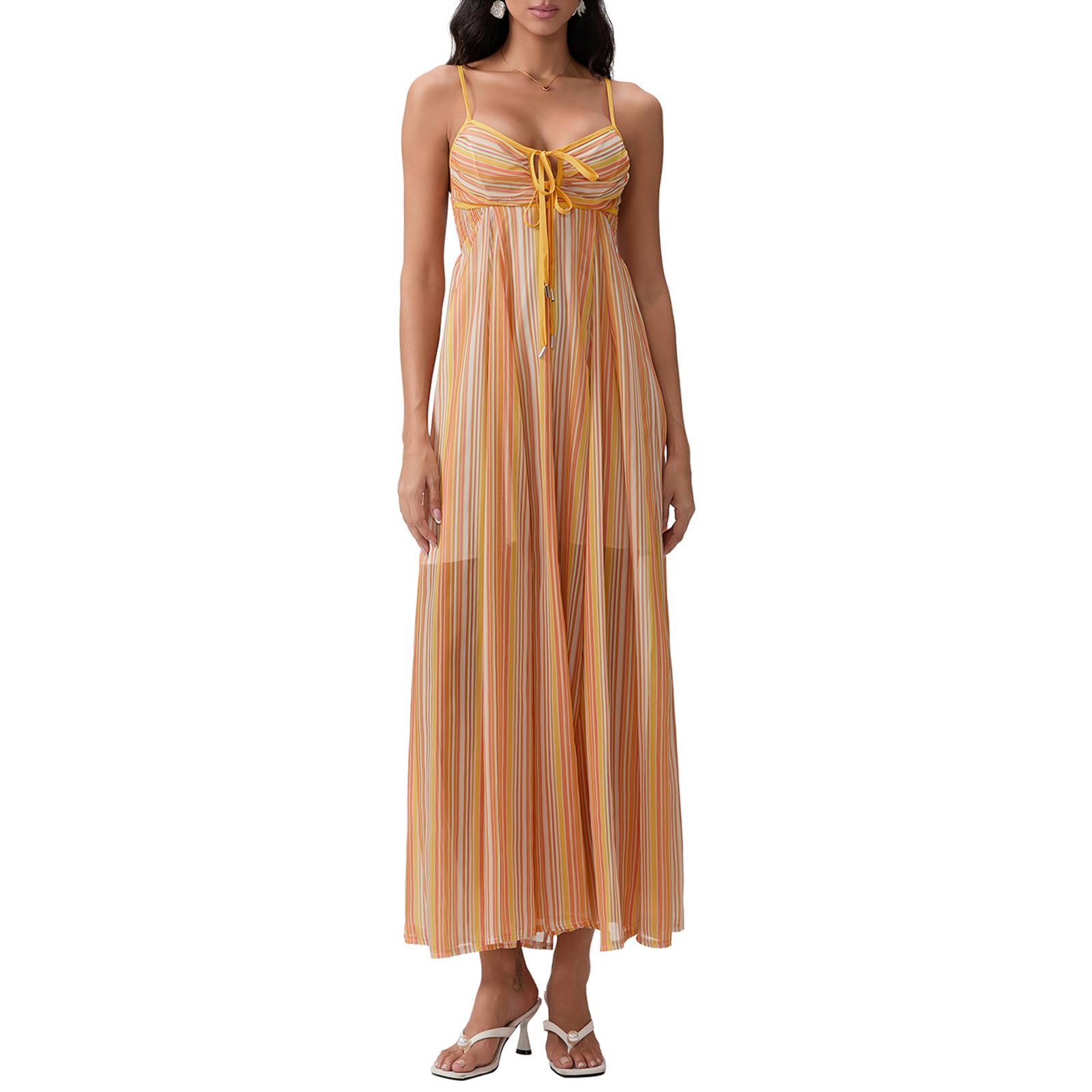 FEORJGP Women's Summer Spaghetti Strap Long Dress - Boho Low Cut Backless Flowy Midi Maxi Dress for Beach, Vacation & Party Wear | Lightweight Bohemian Beachwear for Women