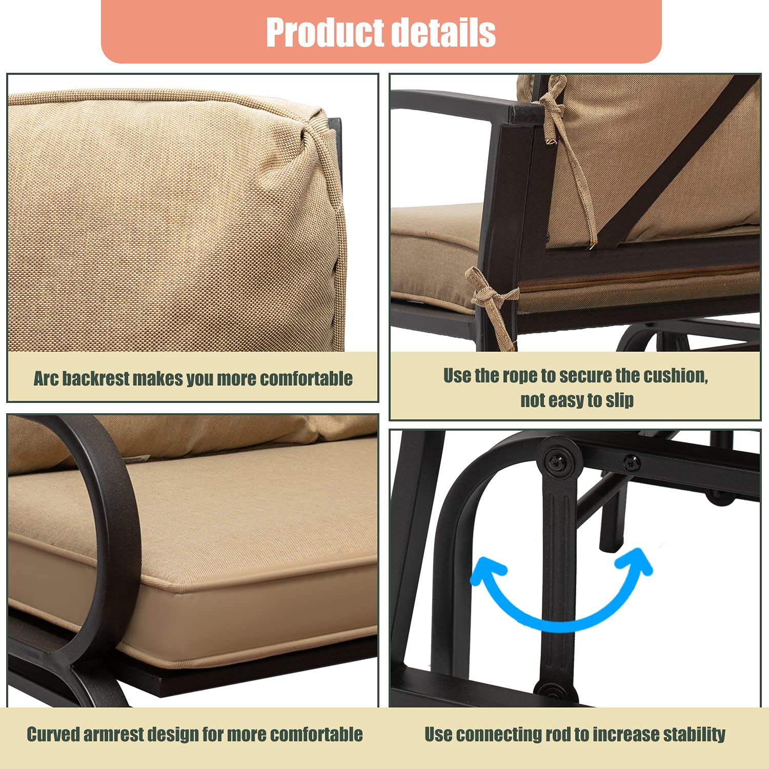 2-Person Outdoor Swing Glider Rocking Chair Set with Cushions - Steel Frame Patio Loveseat Bench for Garden, Porch, Backyard, Poolside & Lawn - Perfect for Relaxing, Sunbathing & Outdoor Entertaining (Khaki)
