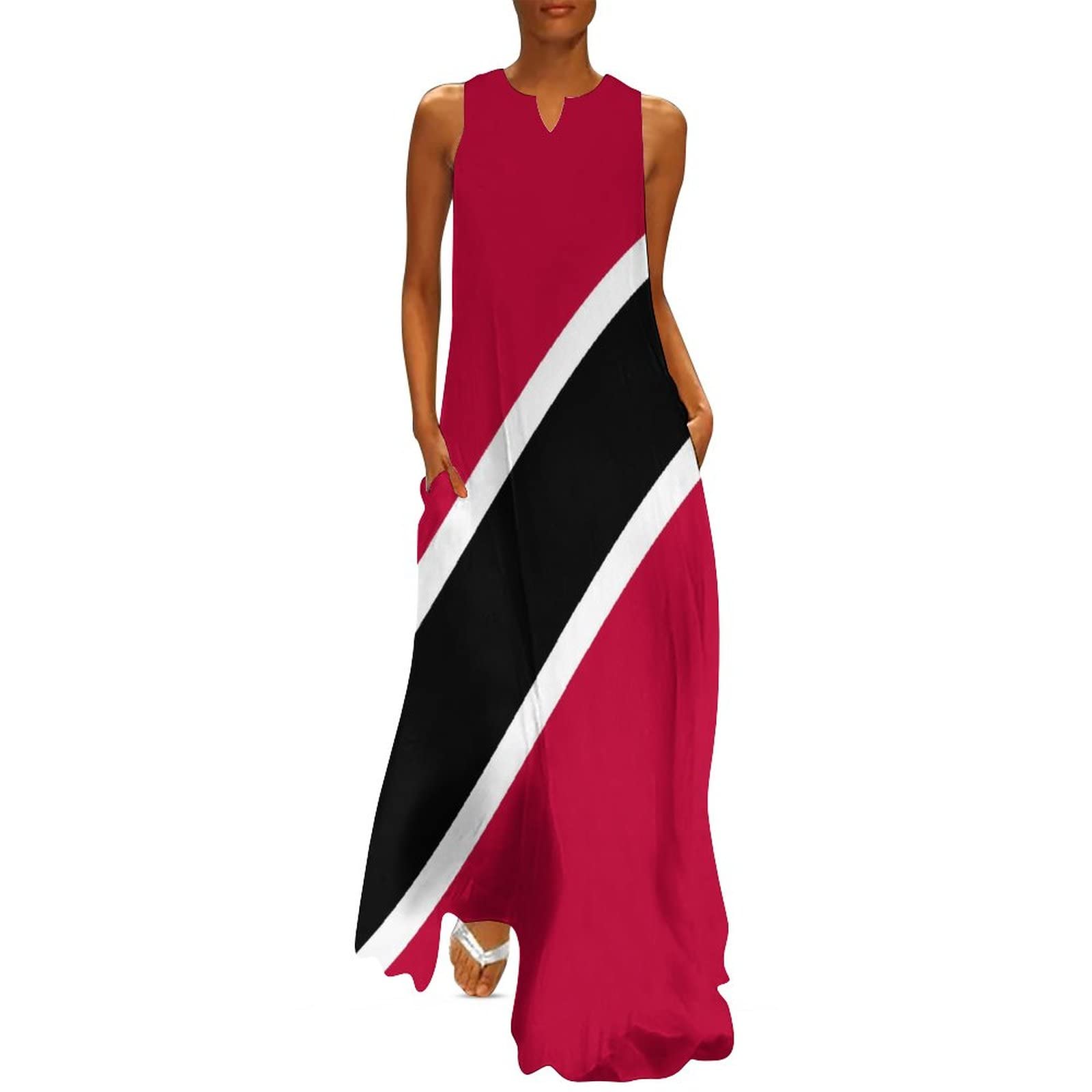 Women's Long Summer Dress with Trinidad and Tobago Flag Print - Casual V-Neck Shift Dress for Beach, Vacation & Patriotic Events