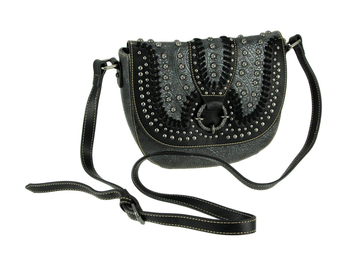 Montana West Concho Collection Floral Embossed Crossbody Saddle Bag for Women - Stylish Western Handbag for Casual Outings, Travel & Everyday Use