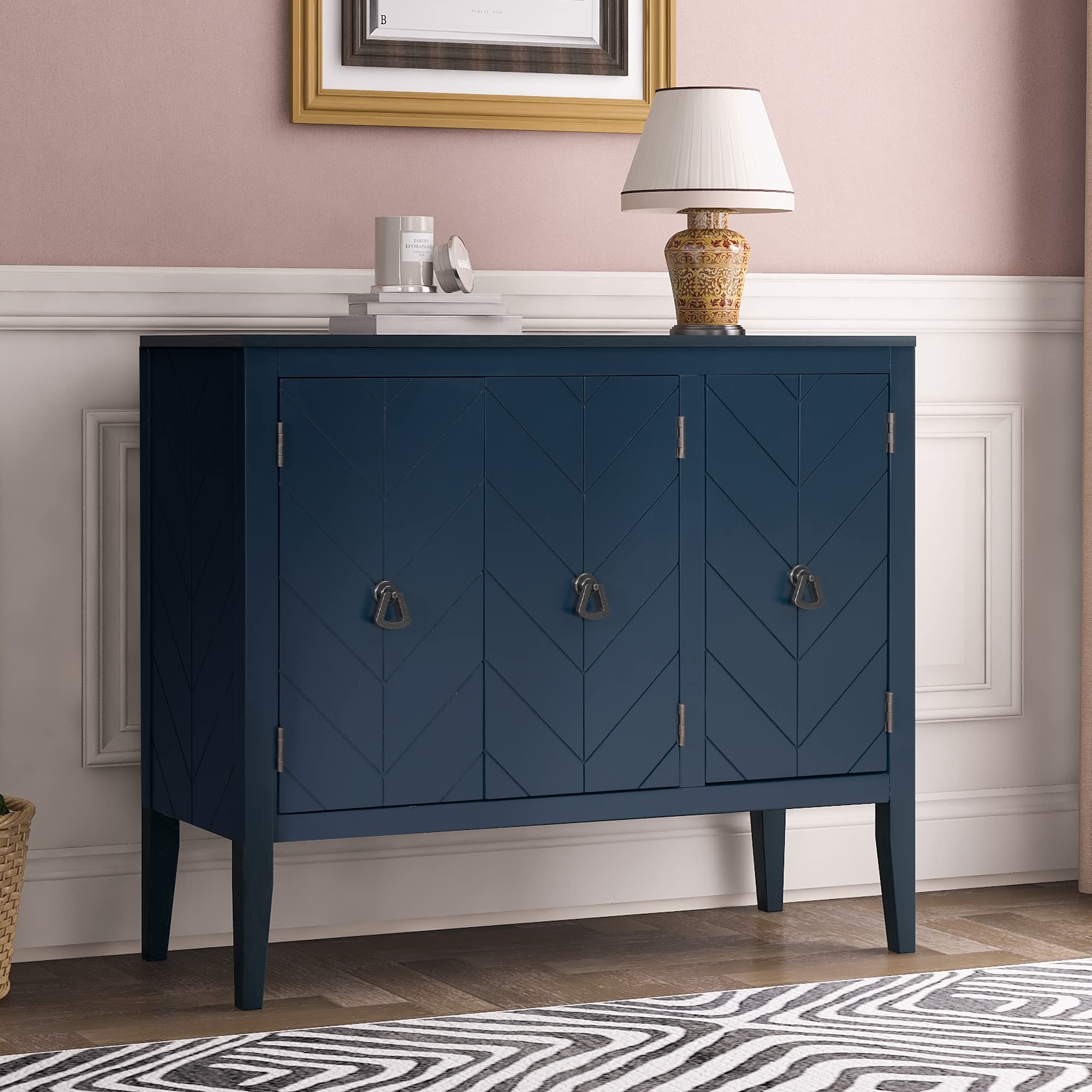 Antique Wooden Storage Sideboard Cabinet with Adjustable Shelf & 3 Doors - Navy Blue Console Table Entryway Buffet for Hallway, Living Room, Bedroom - Perfect for Home Decor, Storage & Display