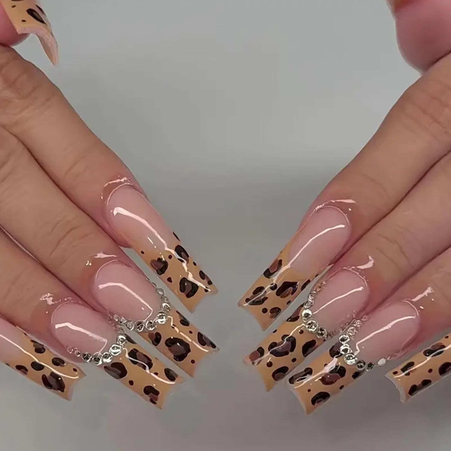 Long Press-on Square Nails with Leopard Print French Tips & Sparkly Rhinestones - 24Pcs Full Cover Glossy False Nails Kit for Women | 3D Nail Charms for Parties, Weddings & Special Occasions