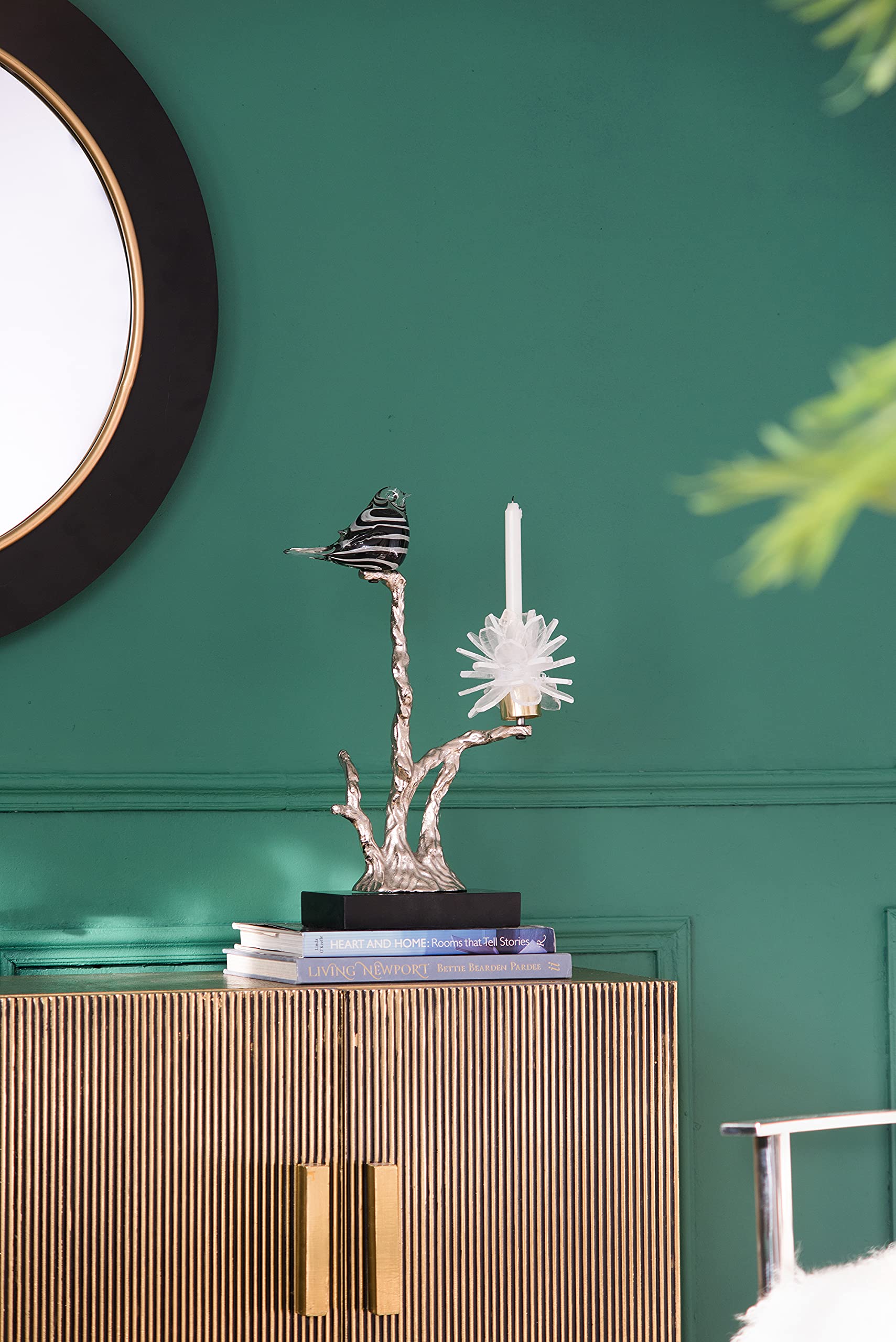 A&B Home Aluminum Candle Holder with Marble Base - Glass Bird & Selenite Flower Tree of Life Design - Modern Tabletop Centerpiece for Living Room, Console Table, Entryway - 8x5x15 Inches - Perfect for Home Decor, Wedding Centerpieces & Holiday Decorations
