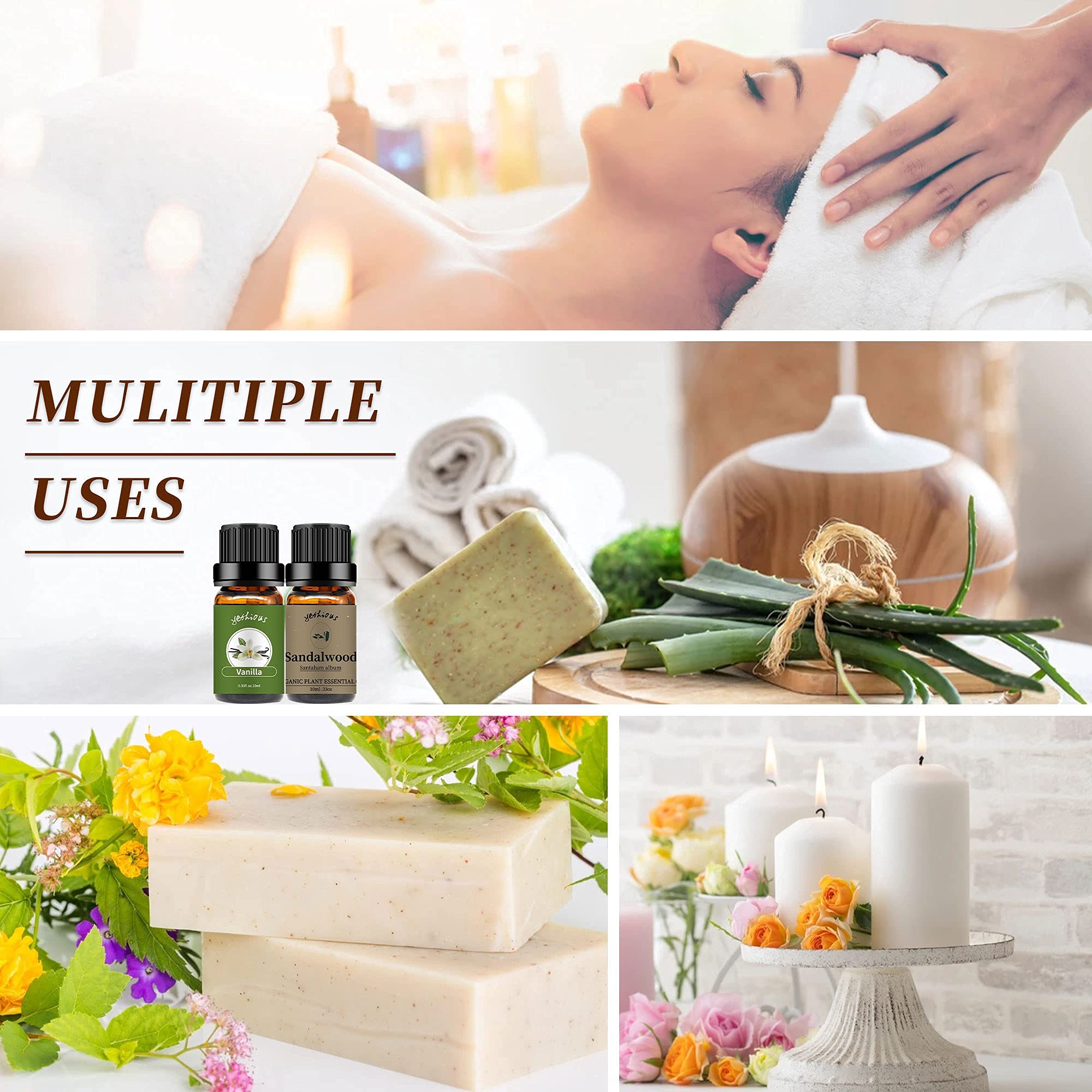 Yethious Pure Natural Organic Vanilla Sandalwood Essential Oils Set - 2PCS 10ML for Diffuser, Aromatherapy, Massage & Relaxation at Home or Spa