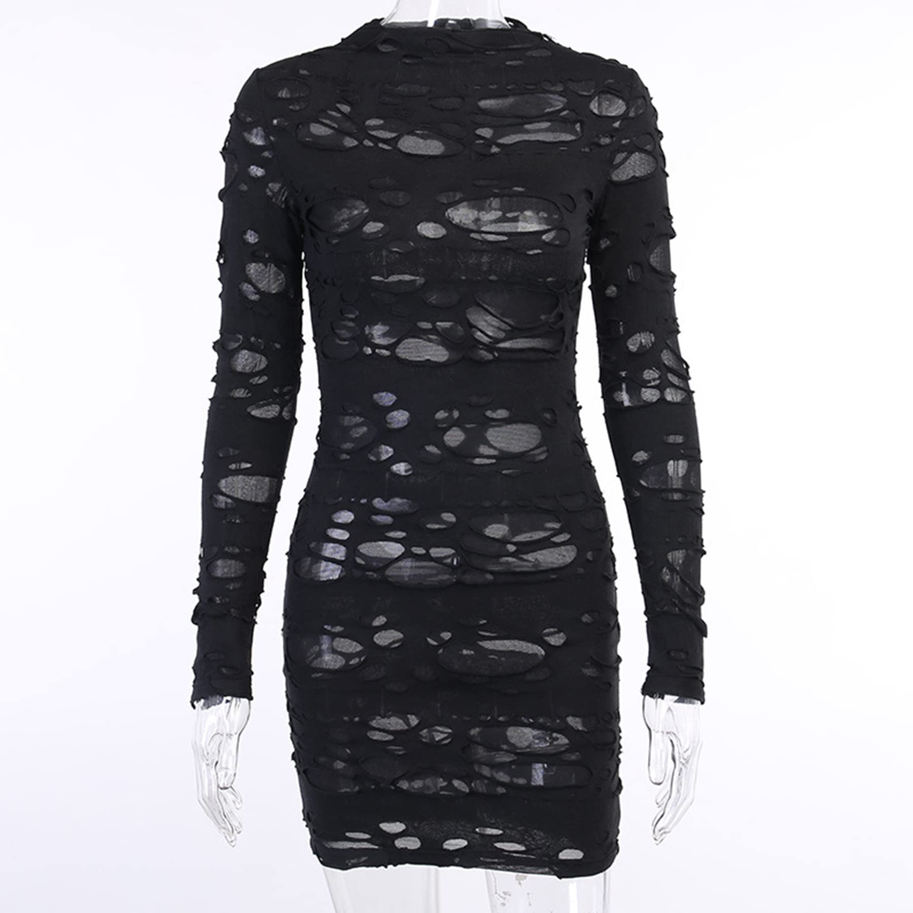Suillty Women's Gothic Black Mesh Long Sleeve Mini Dress - Vintage Punk Bodycon Party Dress for Halloween, Cosplay, Nightclub & Festival Outfits - Sexy Tight Fitted Lace Up Clubwear for Concerts & Costume Parties