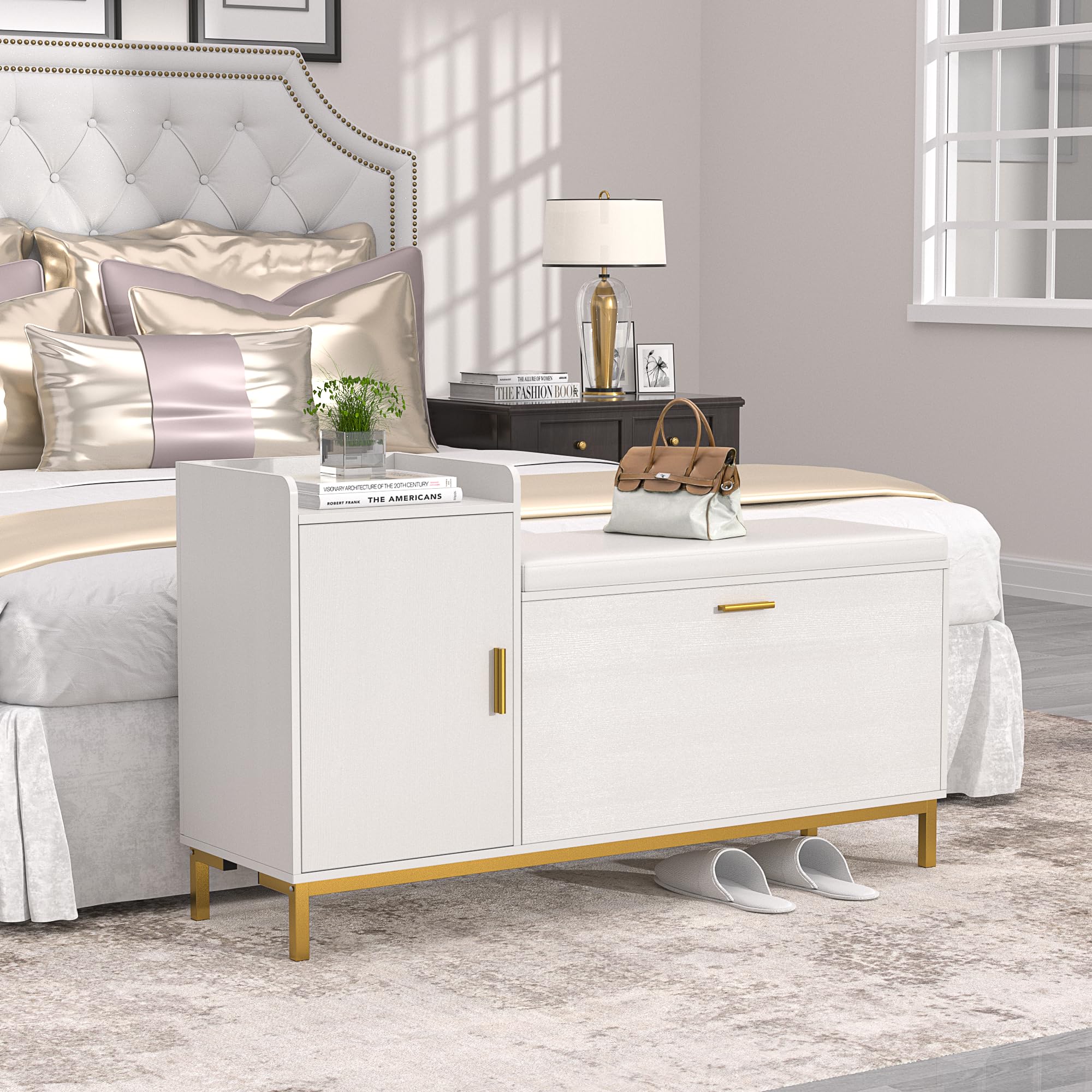 VECELO 2-Tier Shoe Storage Bench with Flip Drawers - Slim White Entryway Organizer with Removable Seat Cushion for Bedroom, Hallway & Living Room - Perfect for Small Spaces & Home Organization