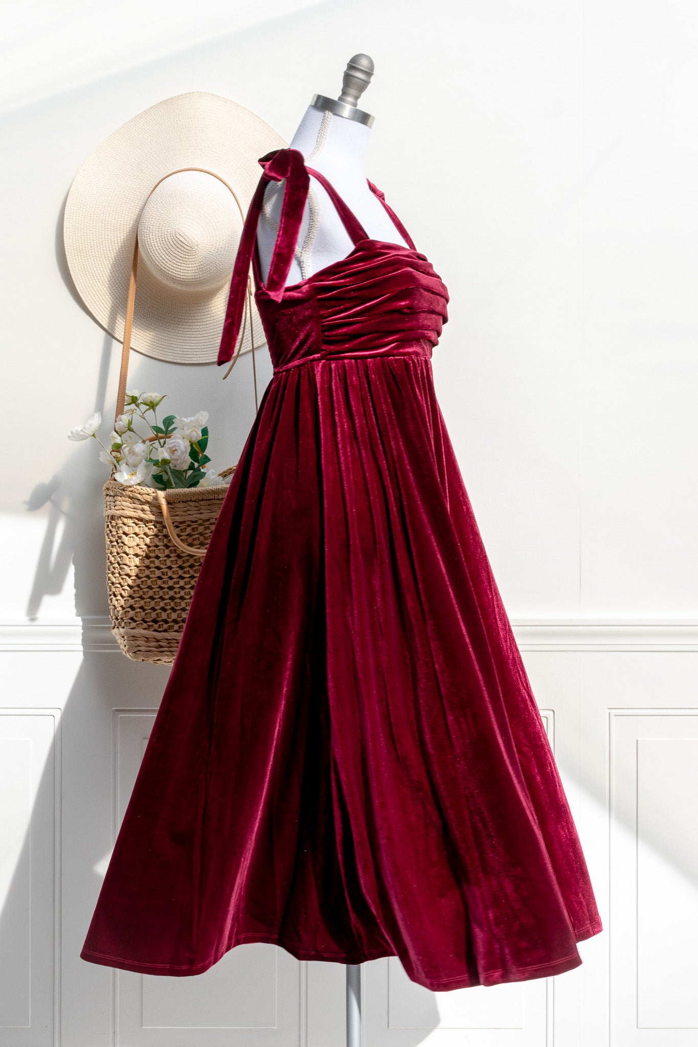 Noëlle Velvet Midi Dress - Burgundy Red Elegant Formal Dress for Women | Perfect for Holiday Parties, Weddings & Evening Events