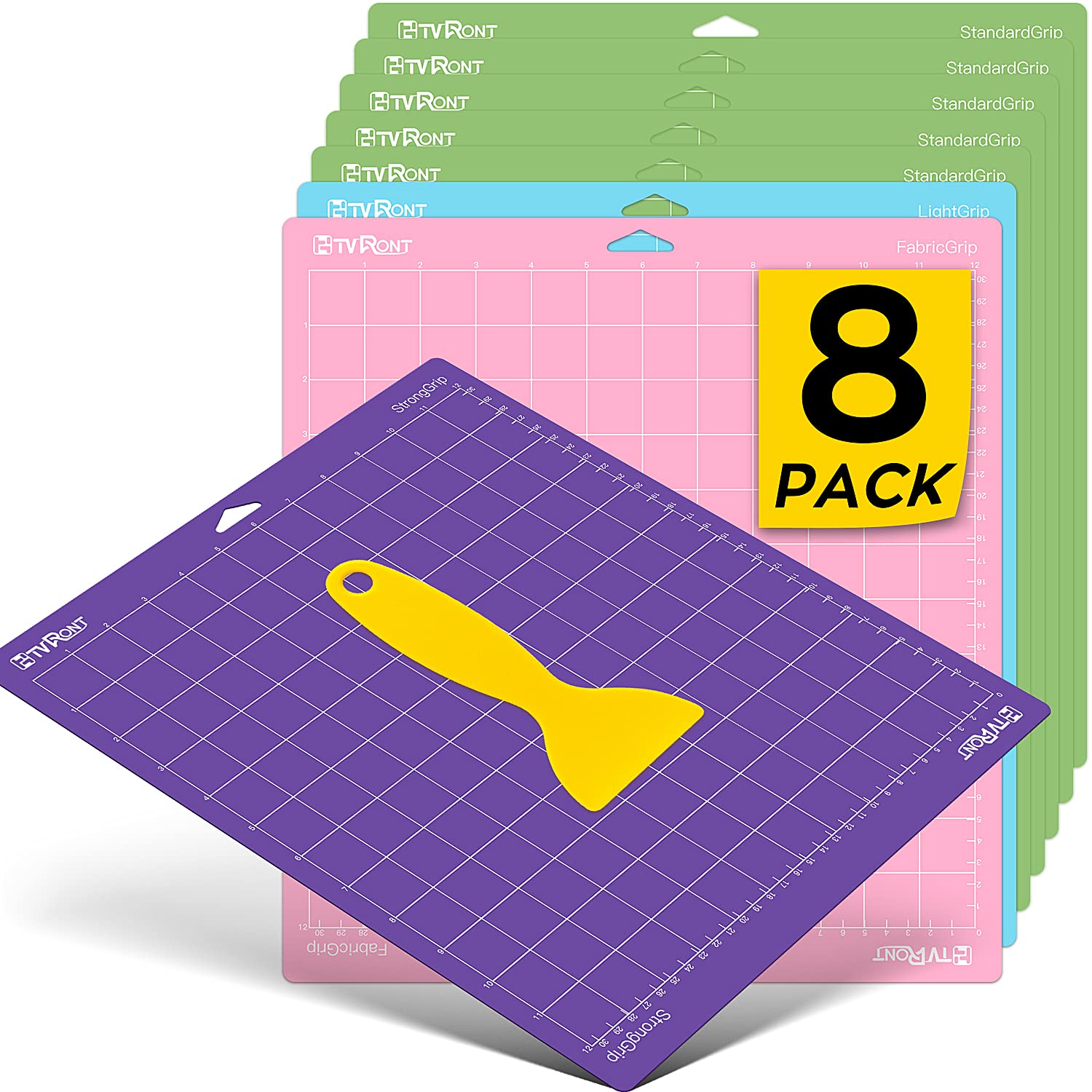 HTVRONT 8-Piece Cutting Mat Set for Cricut - 12x12 Inch Standard, Light, Strong & FabricGrip Mats - Compatible with Cricut Maker 3, Maker, Explore 3, Air 2 & One - Perfect for Vinyl, Paper, Fabric & DIY Craft Projects