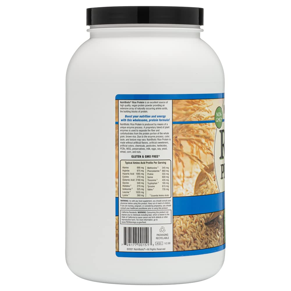 NutriBiotic Plain Rice Protein Powder, 3 Lb (1.36kg) - Vegan, Gluten-Free, Non-GMO, Keto Friendly, Low Carb Protein Supplement for Smoothies, Baking & Post-Workout Recovery | Easy to Digest & Chemical-Free