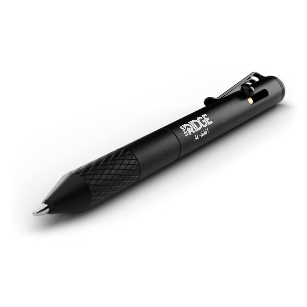 The Ridge Bolt Action Ballpoint Pen - Premium Aluminum Retractable Pen with Textured Grip & Pressurized Ink Refill | Durable Metal Writing Instrument for Office, Business Meetings, Travel & Everyday Use | Sleek Black Design
