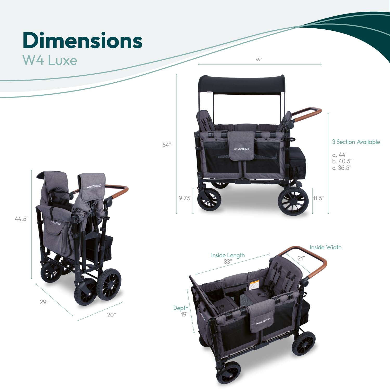 WONDERFOLD W4 Luxe Stroller Wagon - 4 Seater Collapsible Wagon Stroller with Magnetic Buckle 5-Point Harness | Charcoal Gray-Black Frame | Perfect for Family Outings, Beach Trips & Park Adventures