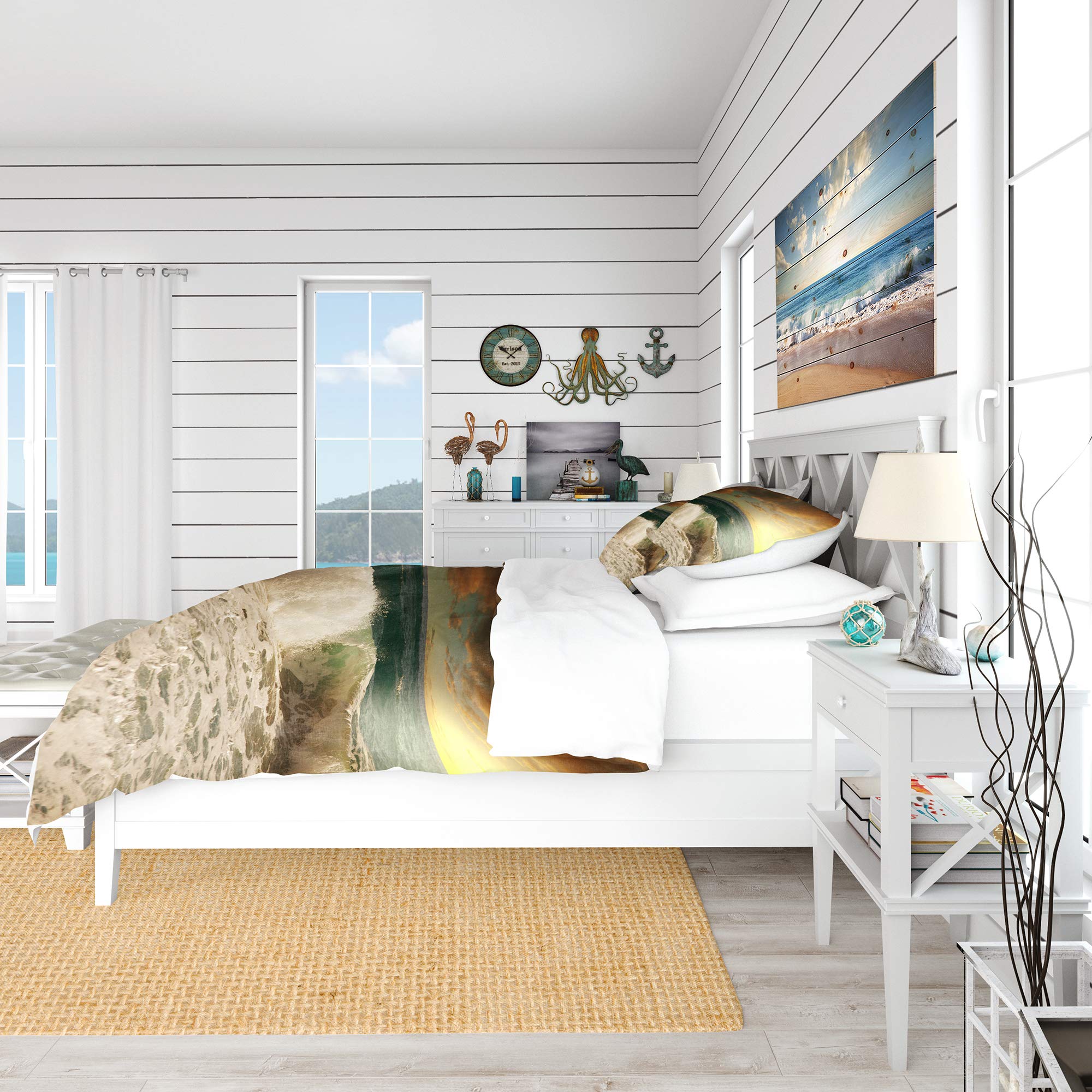 DesignQ Nautical & Coastal Duvet Cover Set - Twin Size White Beach Bedding with Rushing Waves Under Heavy Clouds Print, 3-Piece All Season Comfort - Perfect for Coastal Themed Bedrooms & Vacation Home Decor