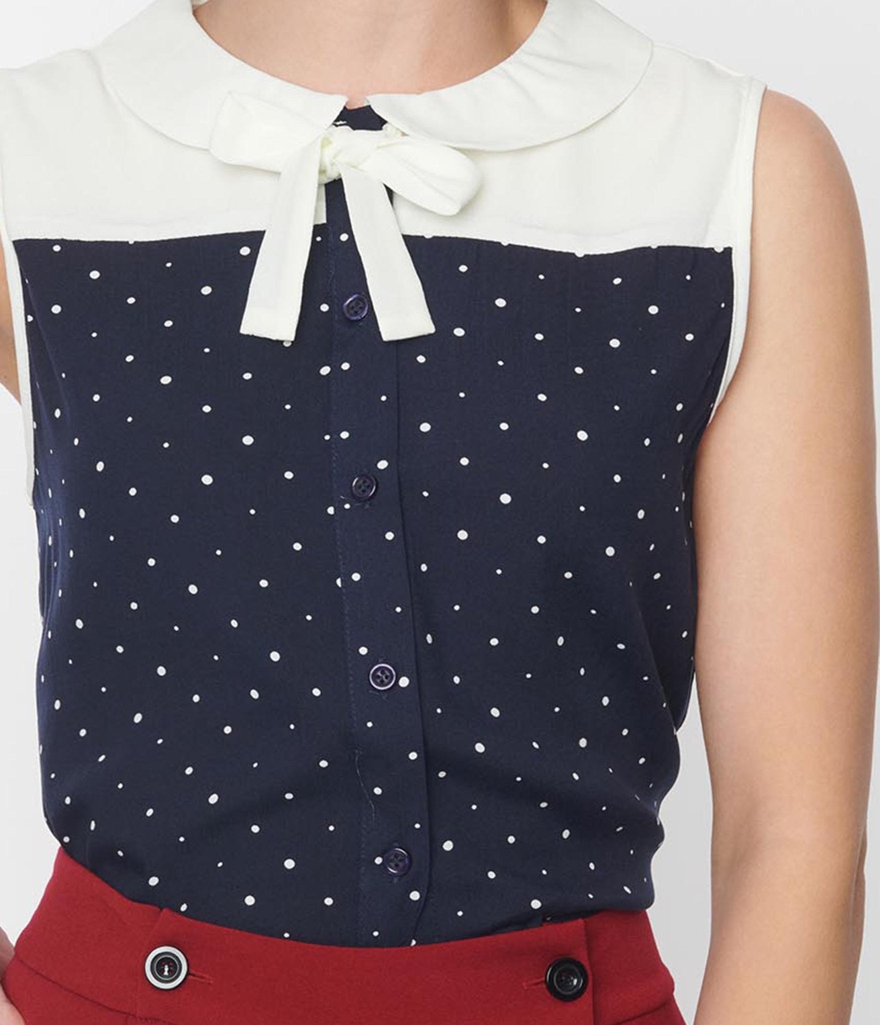 Navy & Ivory Polka Dot Bow Blouse for Women - Elegant Casual & Party Wear - Perfect for Office, Dates, and Special Occasions