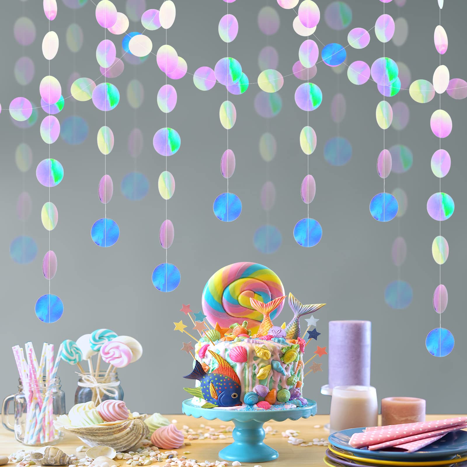 10-Pack 130ft Holographic Bubble Garland - Iridescent Sea Theme Party Decor with Circle Dots, Hanging Streamers for Mermaid Ocean Shower, Backdrop, Disco Dancing & Birthday Celebrations - Perfect for Underwater Themed Parties, Baby Showers, and Home Decor