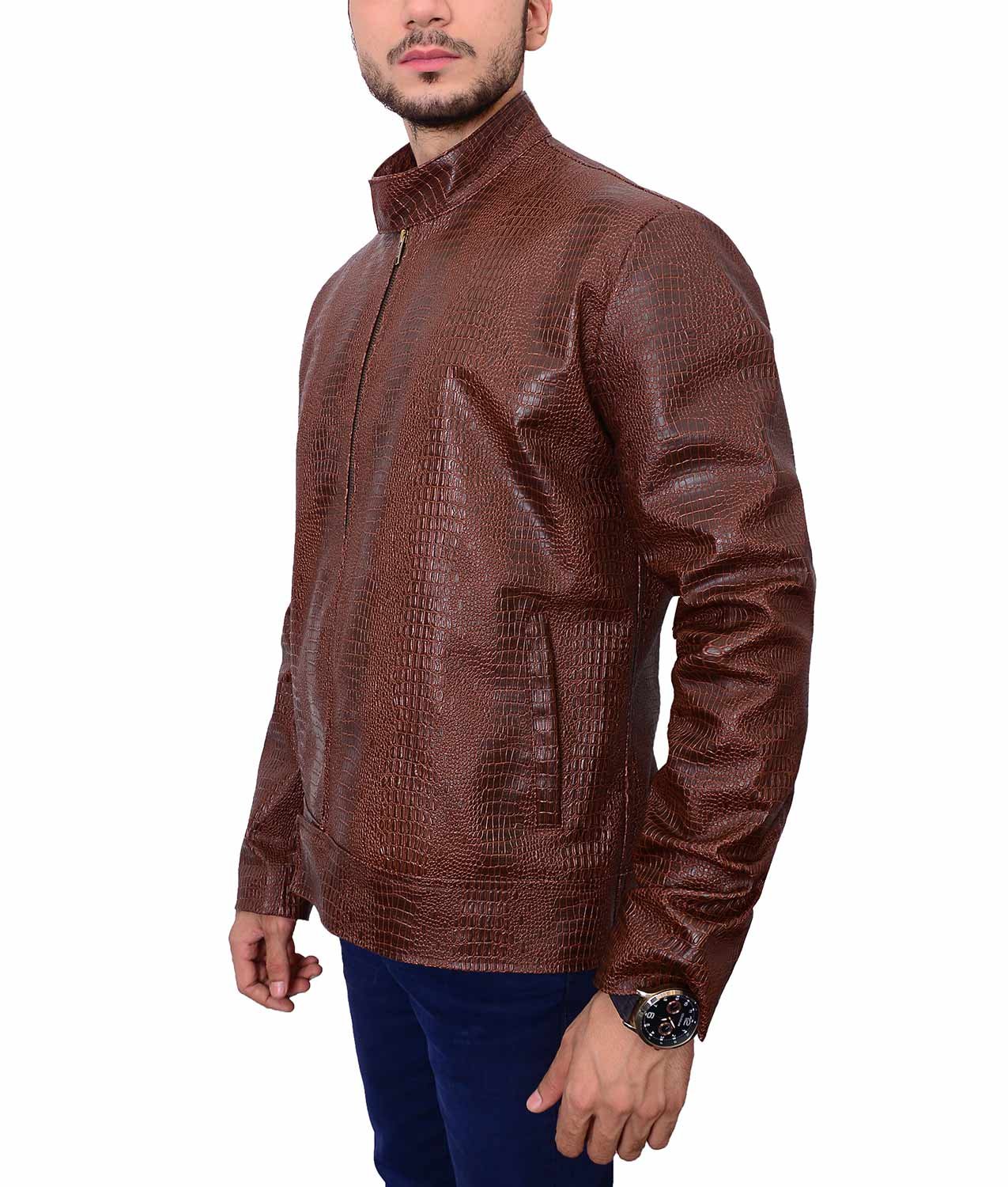 Shazmeen Men's Crocodile Pattern Stand-Up Collar Retro Slim Fit PU Leather Jacket - Stylish Vintage Biker Jacket for Casual Outings & Motorcycle Rides
