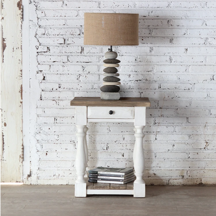 Handmade Solid Mango Wood End Table with Drawer - Rustic Indian Furniture for Living Room, Bedroom & Office - Ethreal Whites Collection