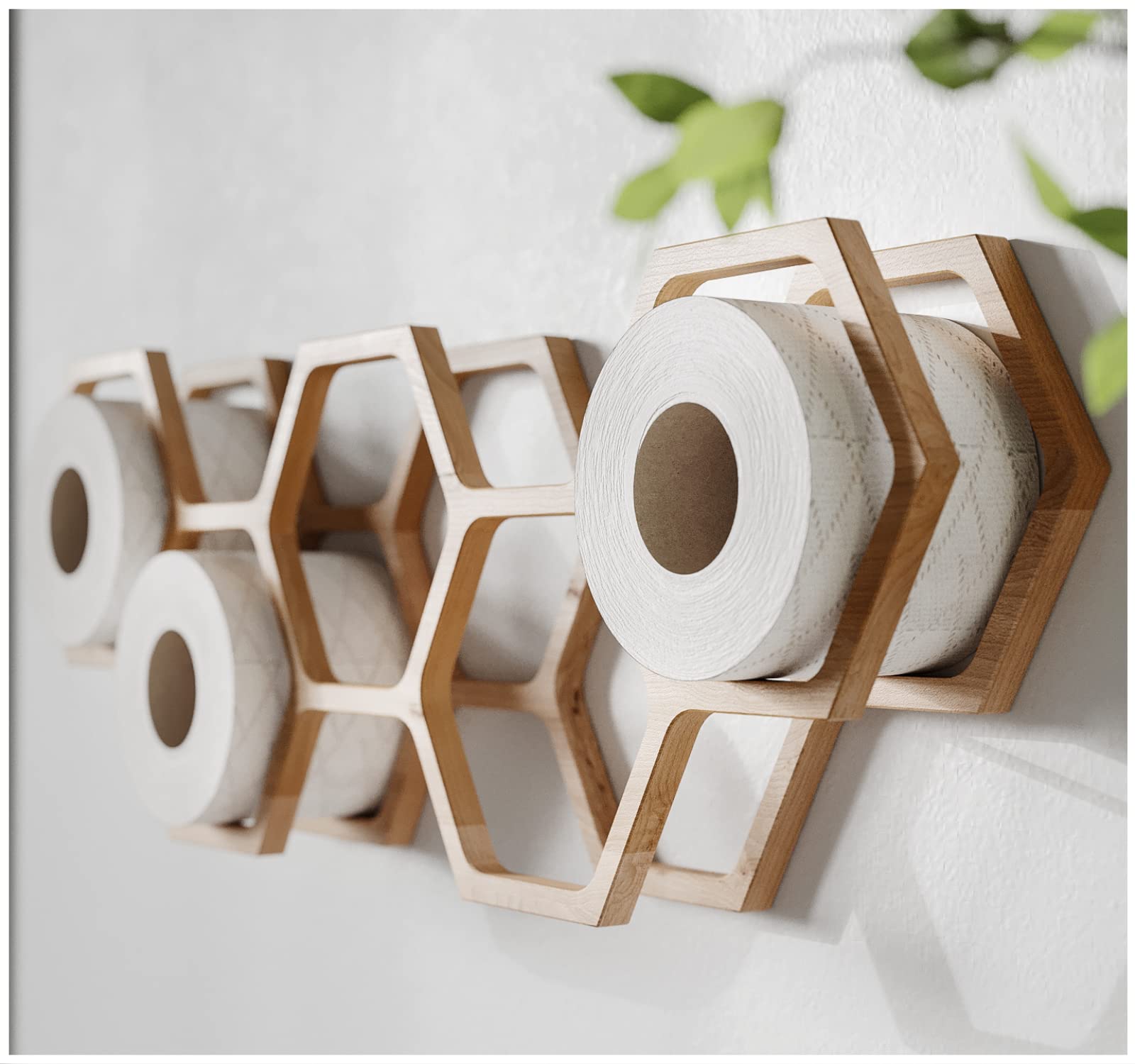 Wooden Honeycomb Toilet Paper Holder - Bathroom Shelf & Decor for Toilet Paper Storage - Rustic Bathroom Organizer for Modern Homes (Clear Finish) | Perfect for Small Bathrooms, Powder Rooms & Vanity Areas