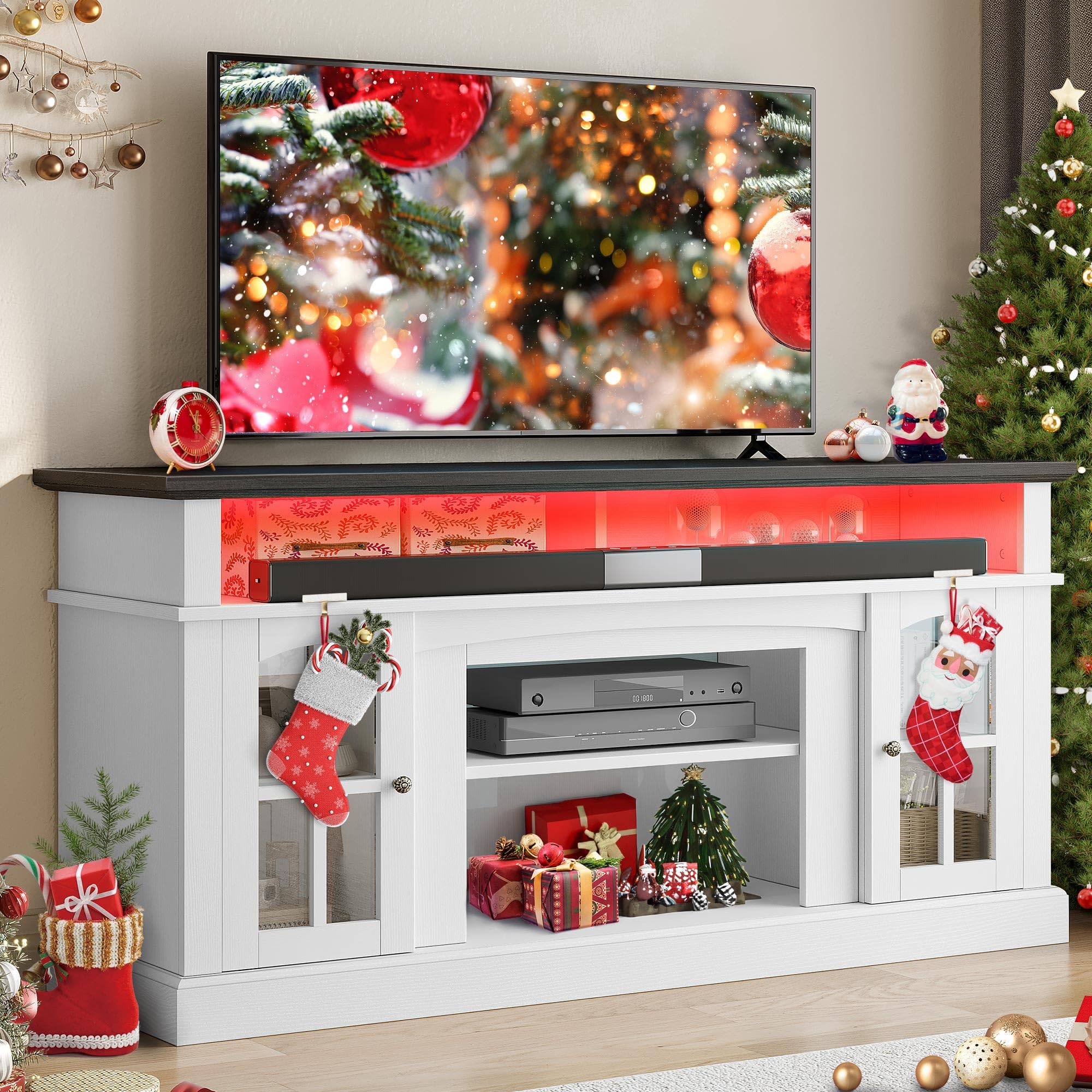 YITAHOME 65 Inch Modern LED TV Stand with Built-in Outlets, Farmhouse Style Entertainment Center with Glass Doors & Adjustable Shelves - Media Console Cabinet for Living Room (White/Black) | Perfect for Home Theater Setup & Living Room Organization